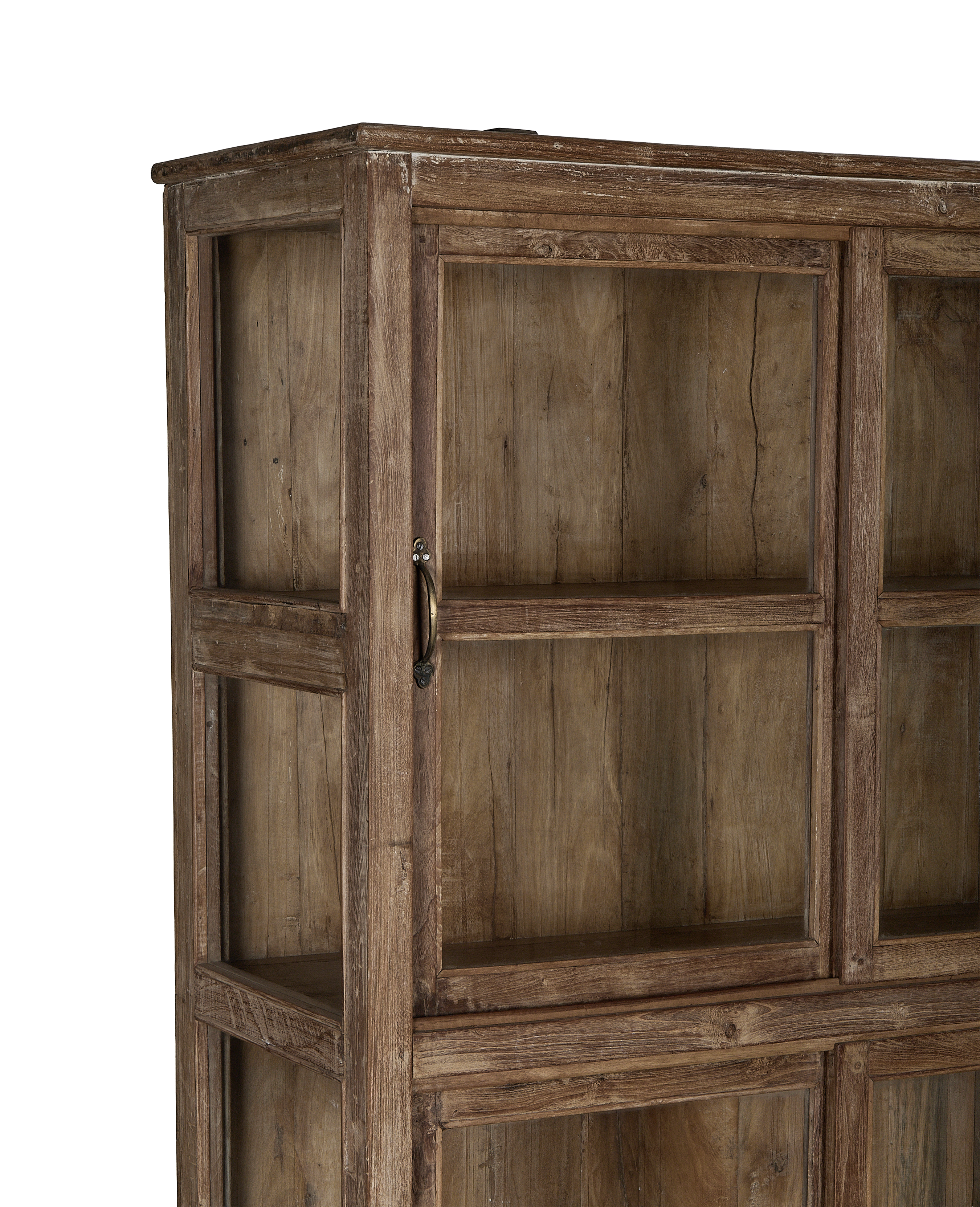 Vintage Indian oak cabinet: detailed natural wood grain and brass pull on single glass door.