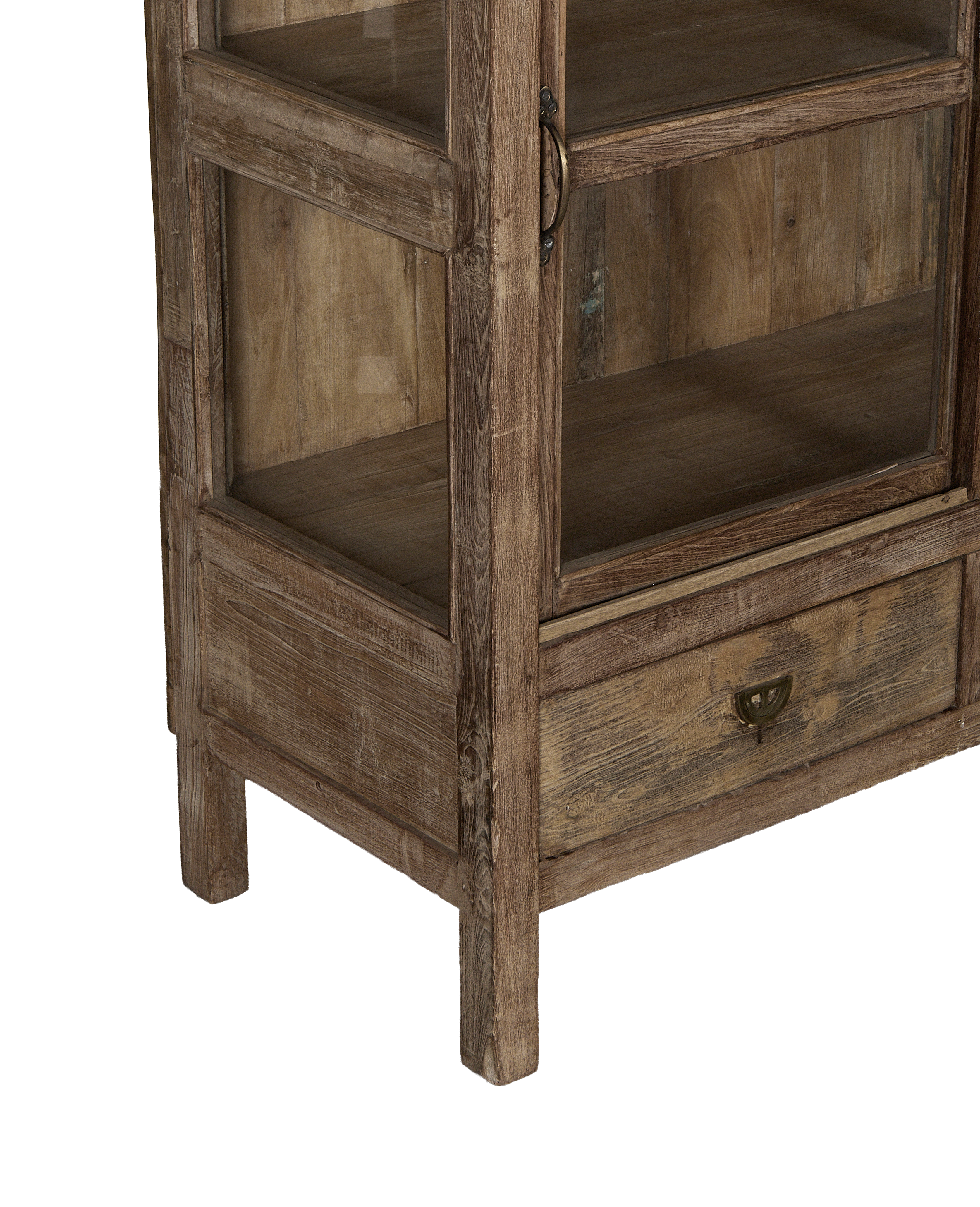 Vintage Indian oak cabinet bottom showing drawer and weathered wood texture.