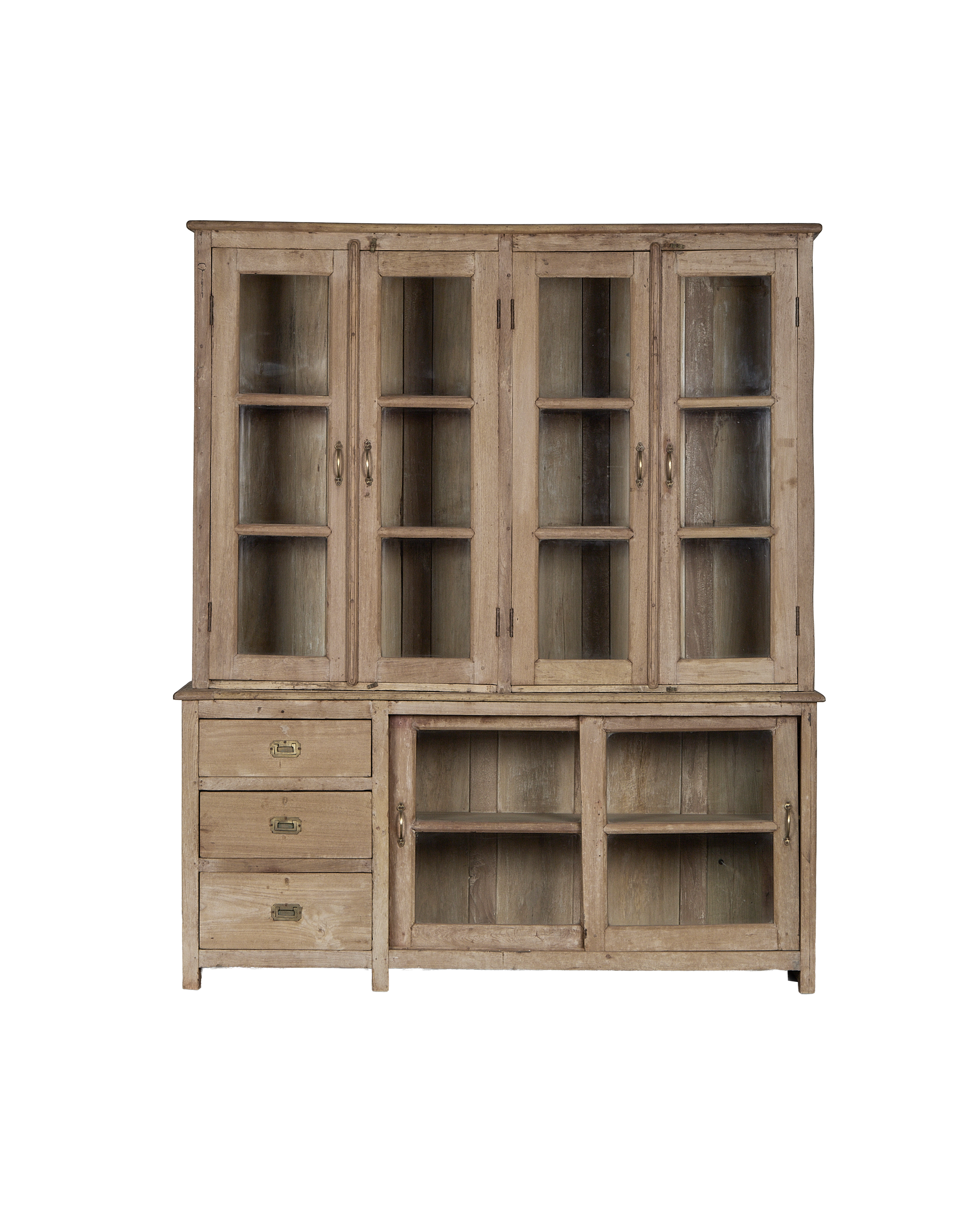 Vintage bleached oak India cabinet, glass doors, three drawers, lower cubbies.