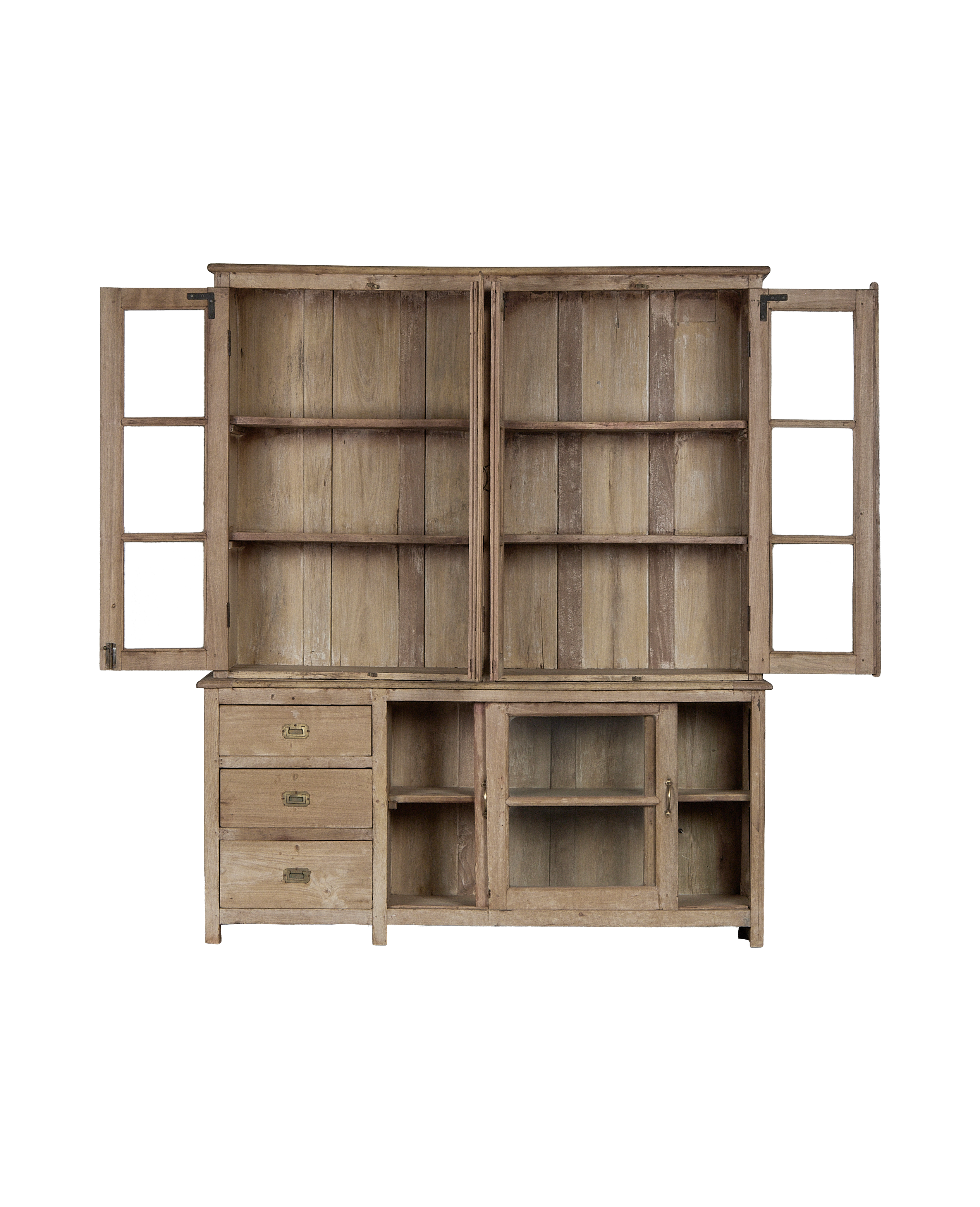 Vintage bleached oak wood cabinet with open top doors revealing shelves and drawers.