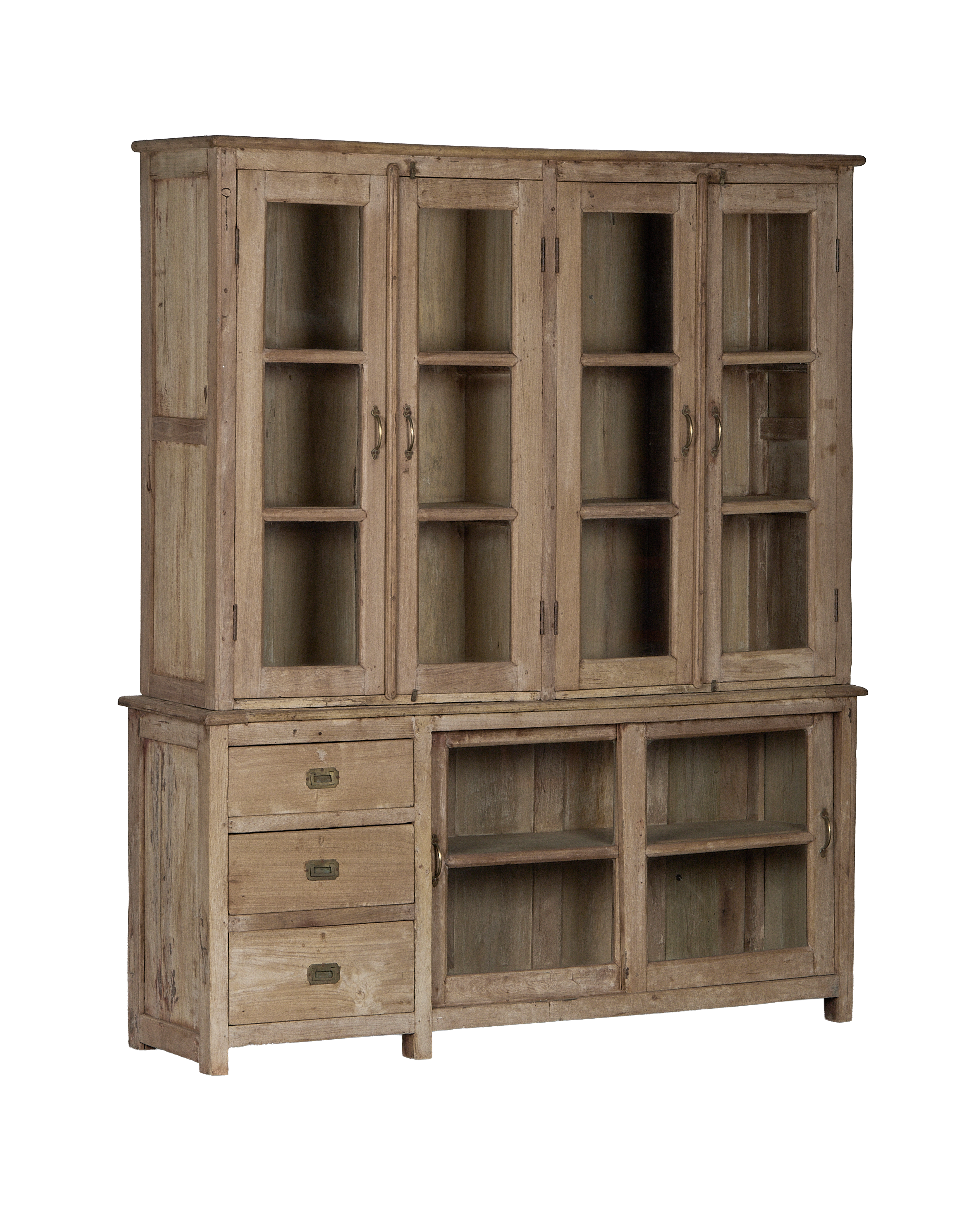 Vintage bleached oak cabinet with glass doors and three drawers, showcasing its full front profile.