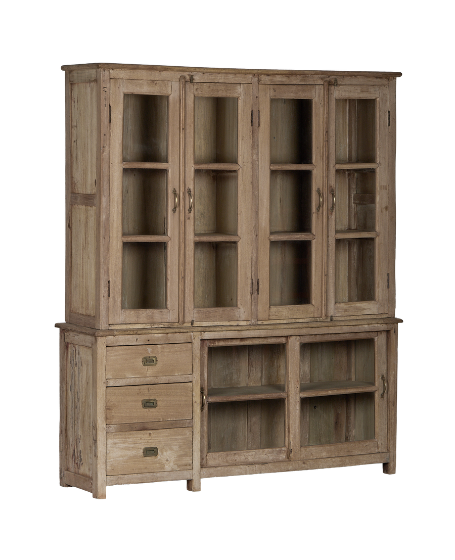 Vintage bleached oak cabinet with glass doors and three drawers, showcasing its full front profile.