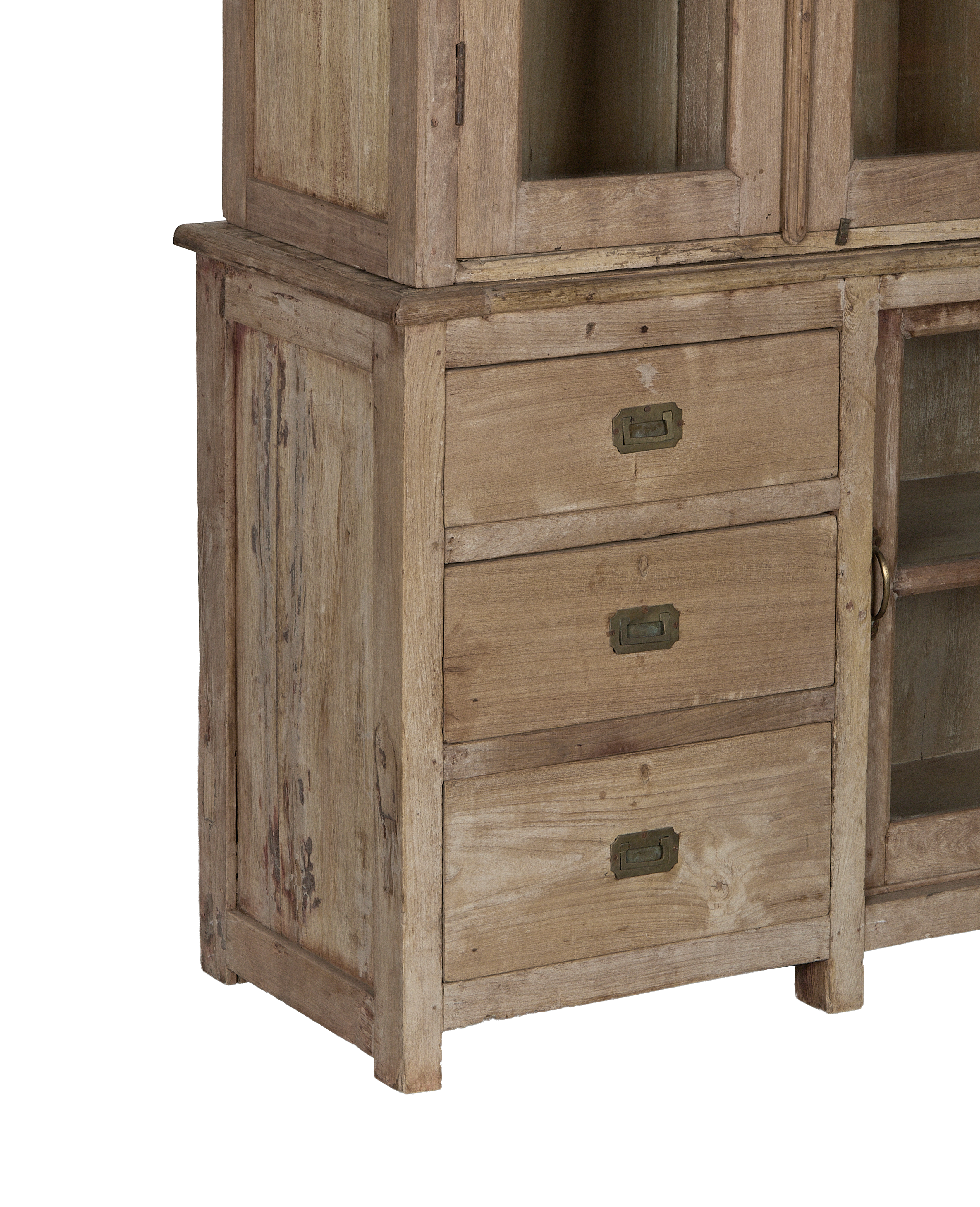 Vintage bleached oak Indian cabinet, close-up of three drawer fronts with brass pulls.