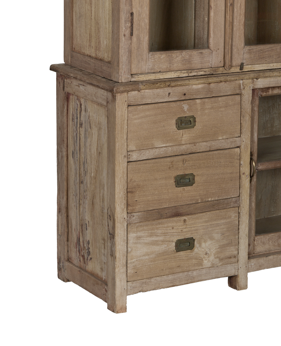 Vintage bleached oak Indian cabinet, close-up of three drawer fronts with brass pulls.