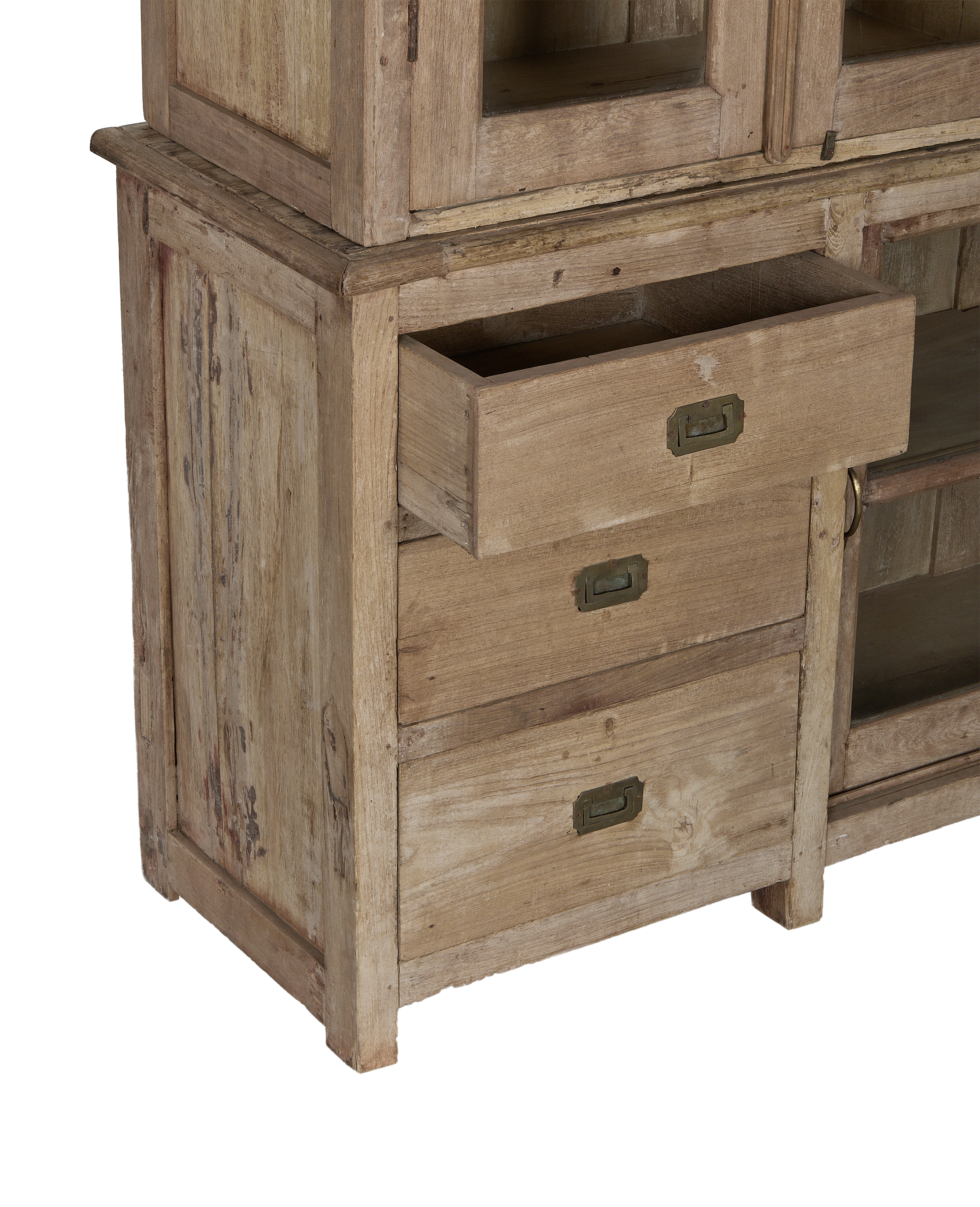 Vintage bleached oak cabinet from India, open drawer showing bronze pulls.