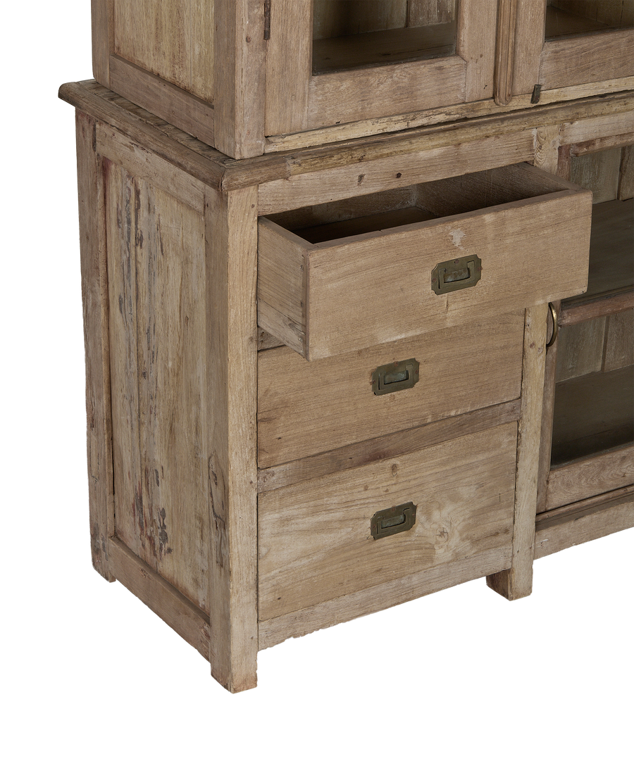 Vintage bleached oak cabinet from India, open drawer showing bronze pulls.