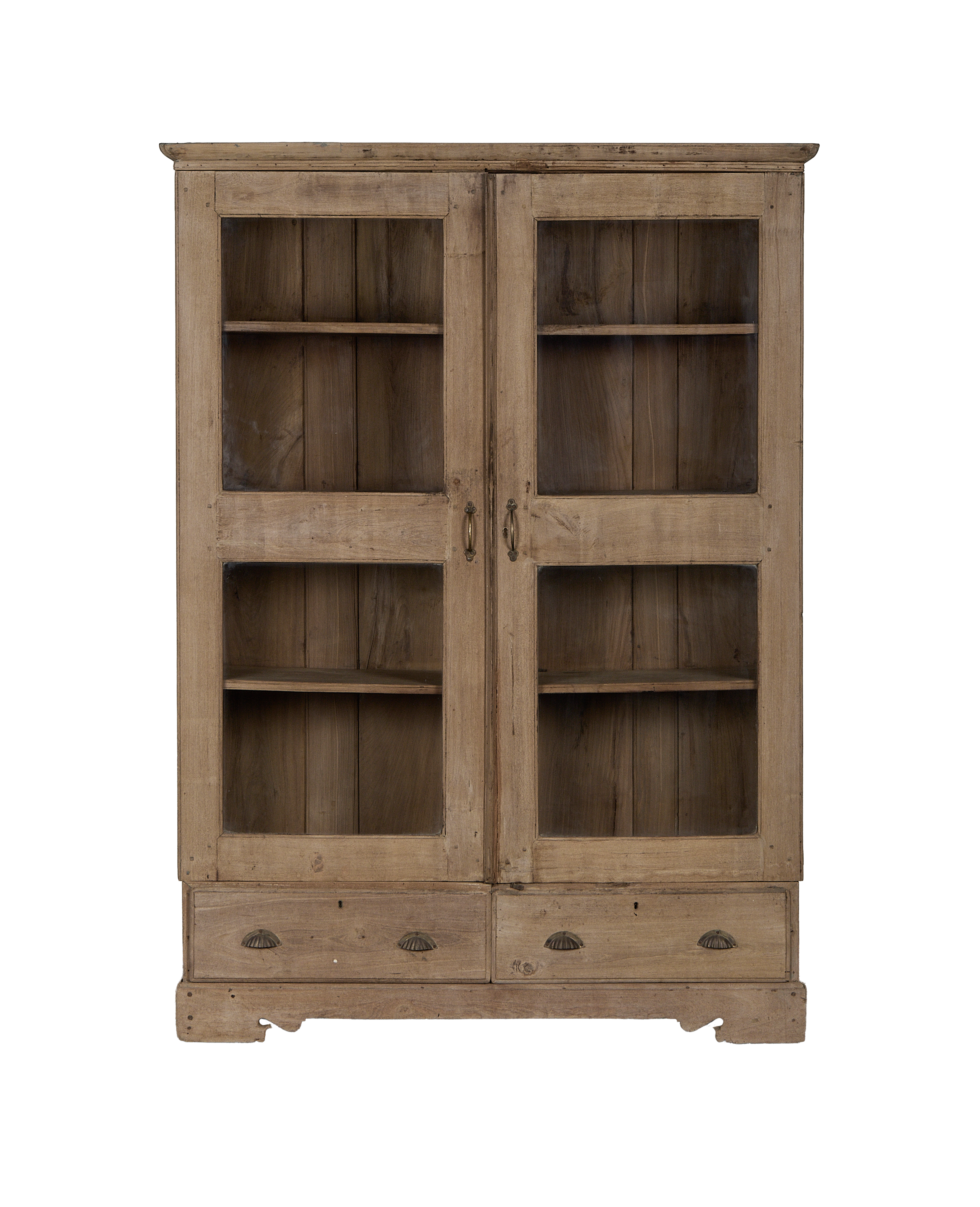 Vintage Indian oak cabinet, natural finish, featuring glass doors and lower drawers.