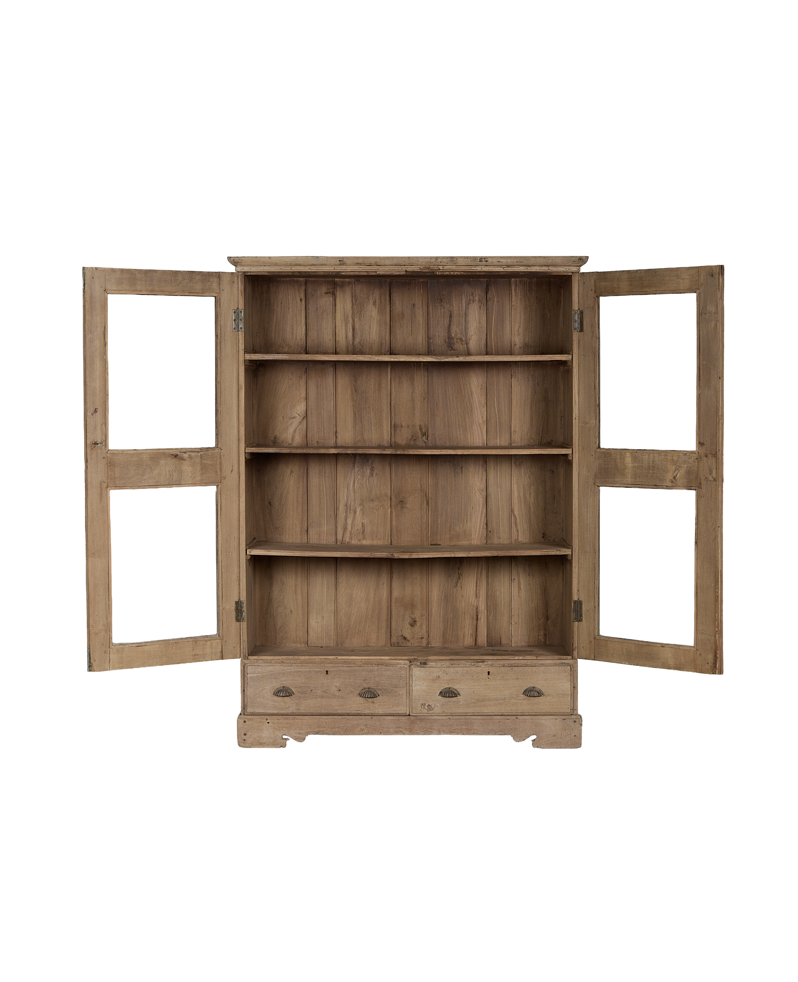 Open-door view of vintage Indian oak wood cabinet, showing interior shelves and drawers.