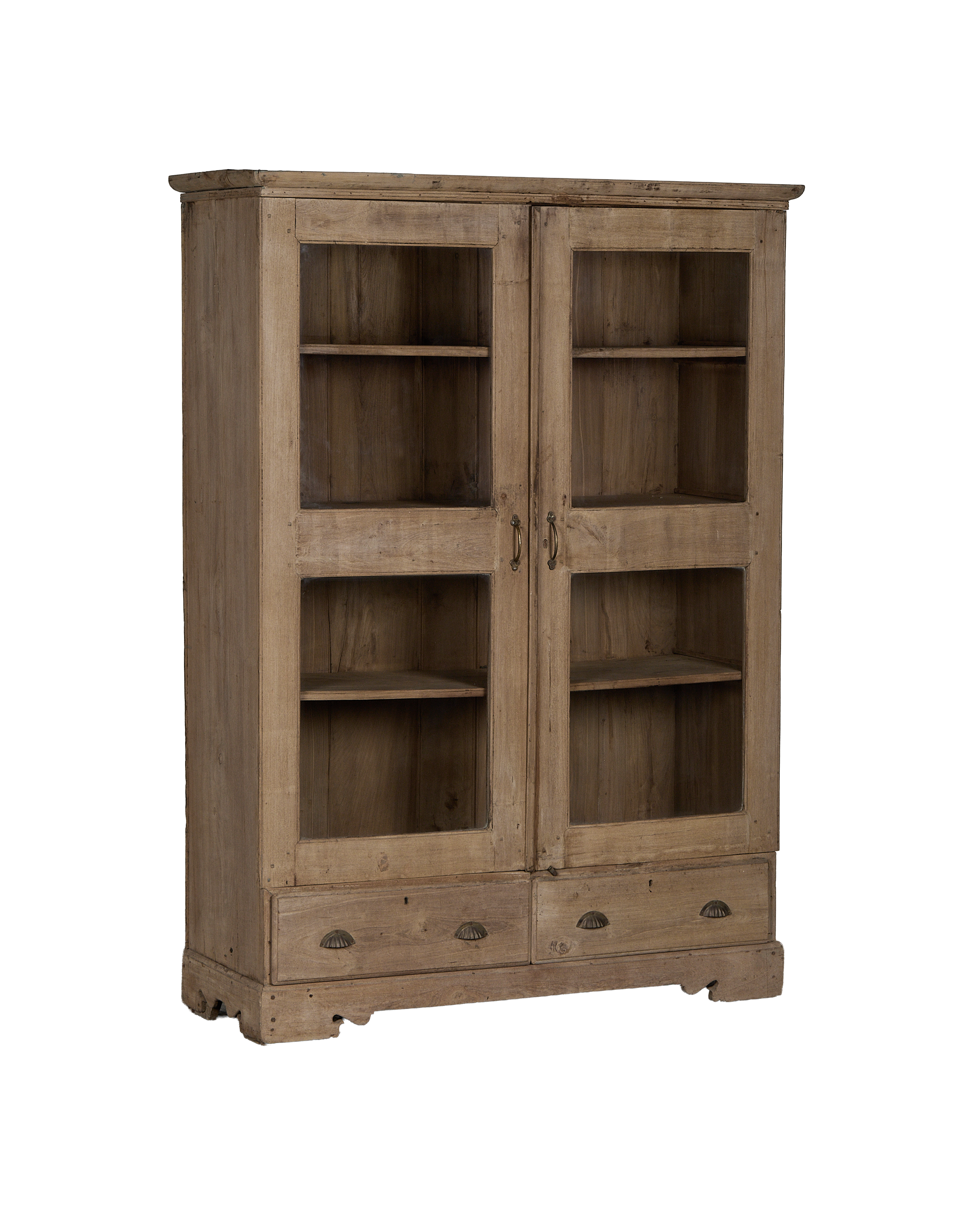 Vintage Indian oak wood cabinet, natural finish, featuring clear glass doors, interior shelves, and two distressed lower drawers.