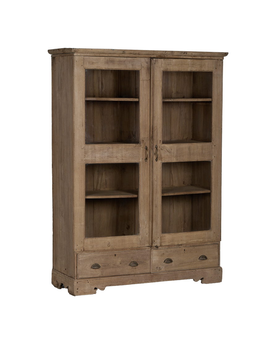 Vintage Indian oak wood cabinet, natural finish, featuring clear glass doors, interior shelves, and two distressed lower drawers.