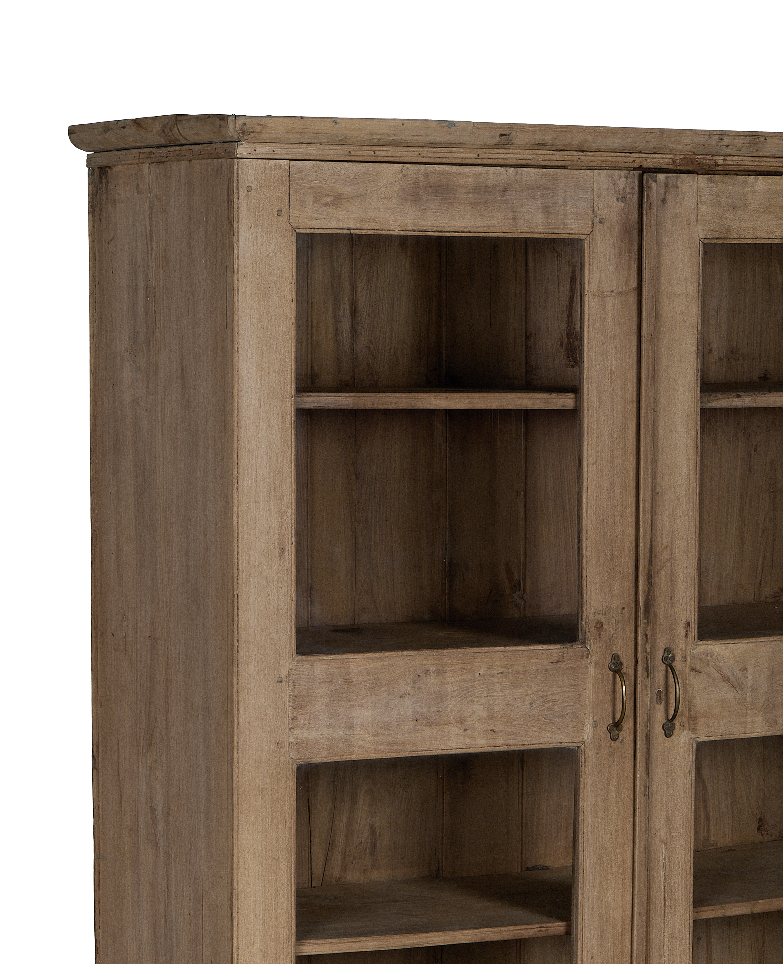 Vintage Indian natural oak wood cabinet, side view of natural grain and glass door details.