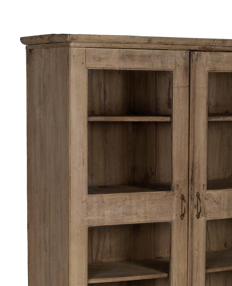 Vintage Indian natural oak wood cabinet, side view of natural grain and glass door details.