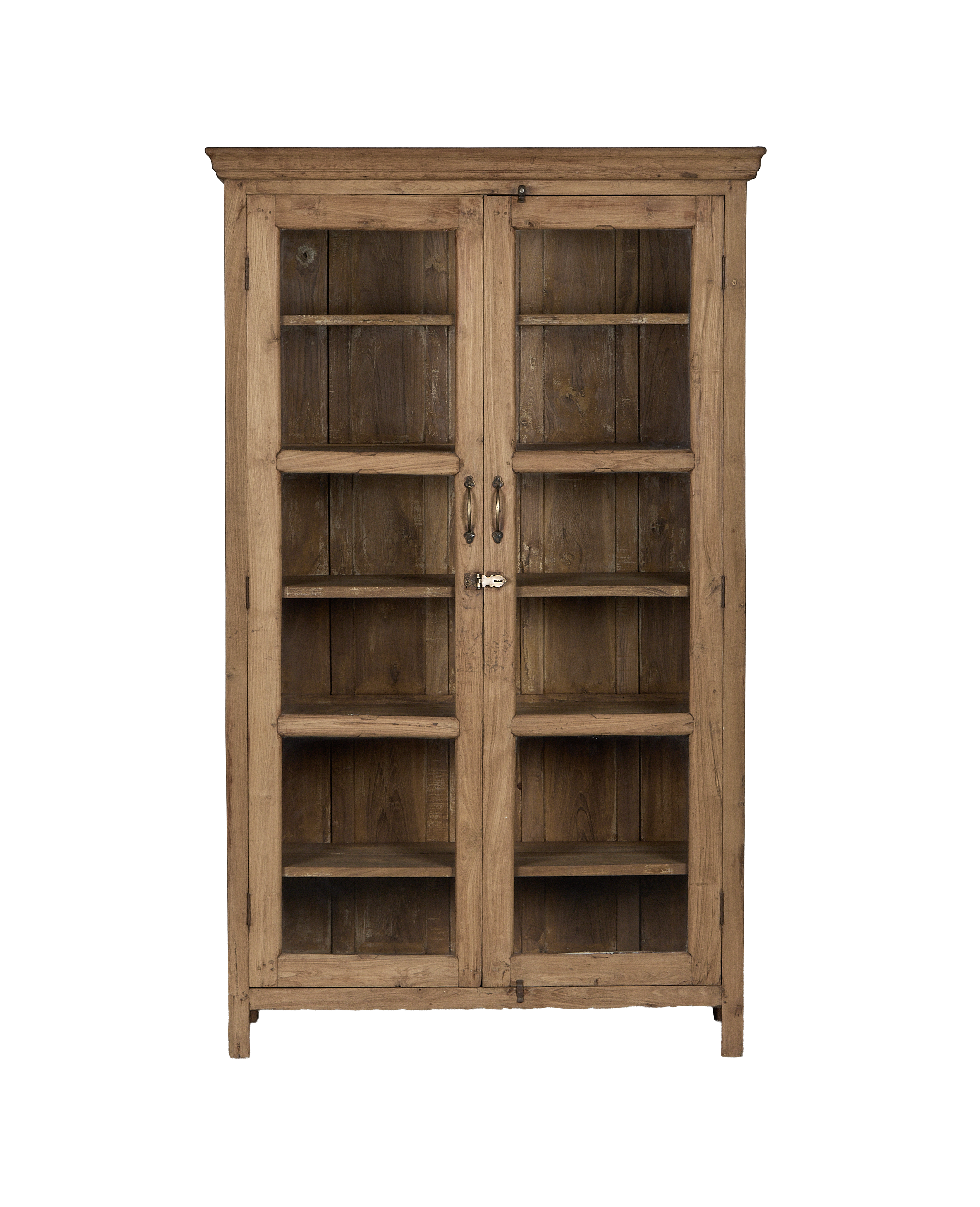 Vintage Indian oak wood cabinet, natural finish, featuring double glass-paneled doors and internal shelving.