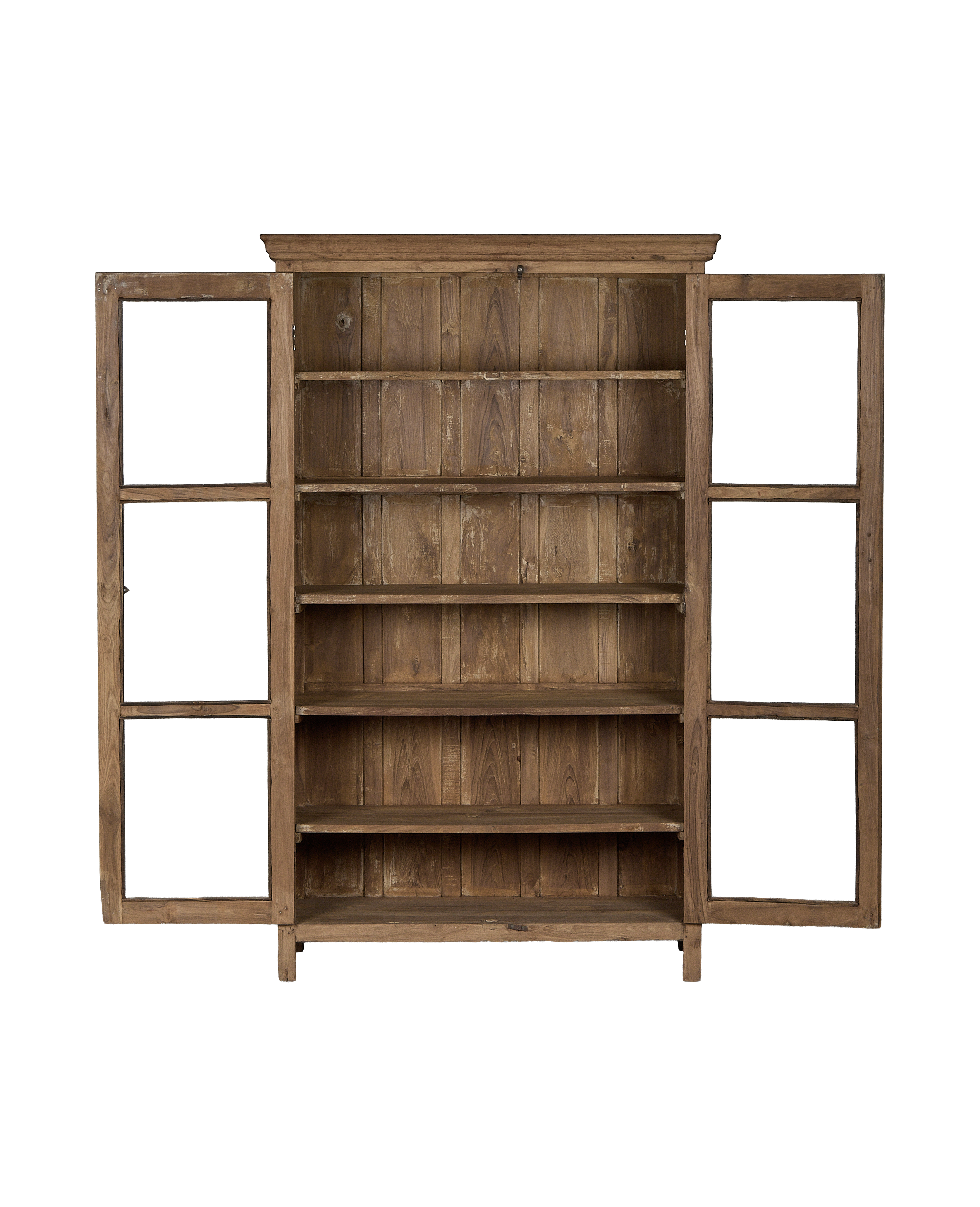 Vintage Indian oak wood cabinet, natural finish, featuring exposed inner shelves and open glass doors.