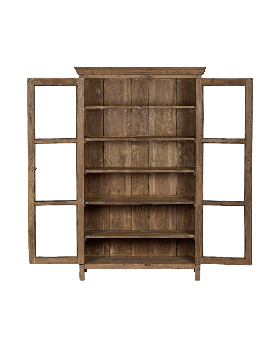 Vintage Indian oak wood cabinet, natural finish, featuring exposed inner shelves and open glass doors.