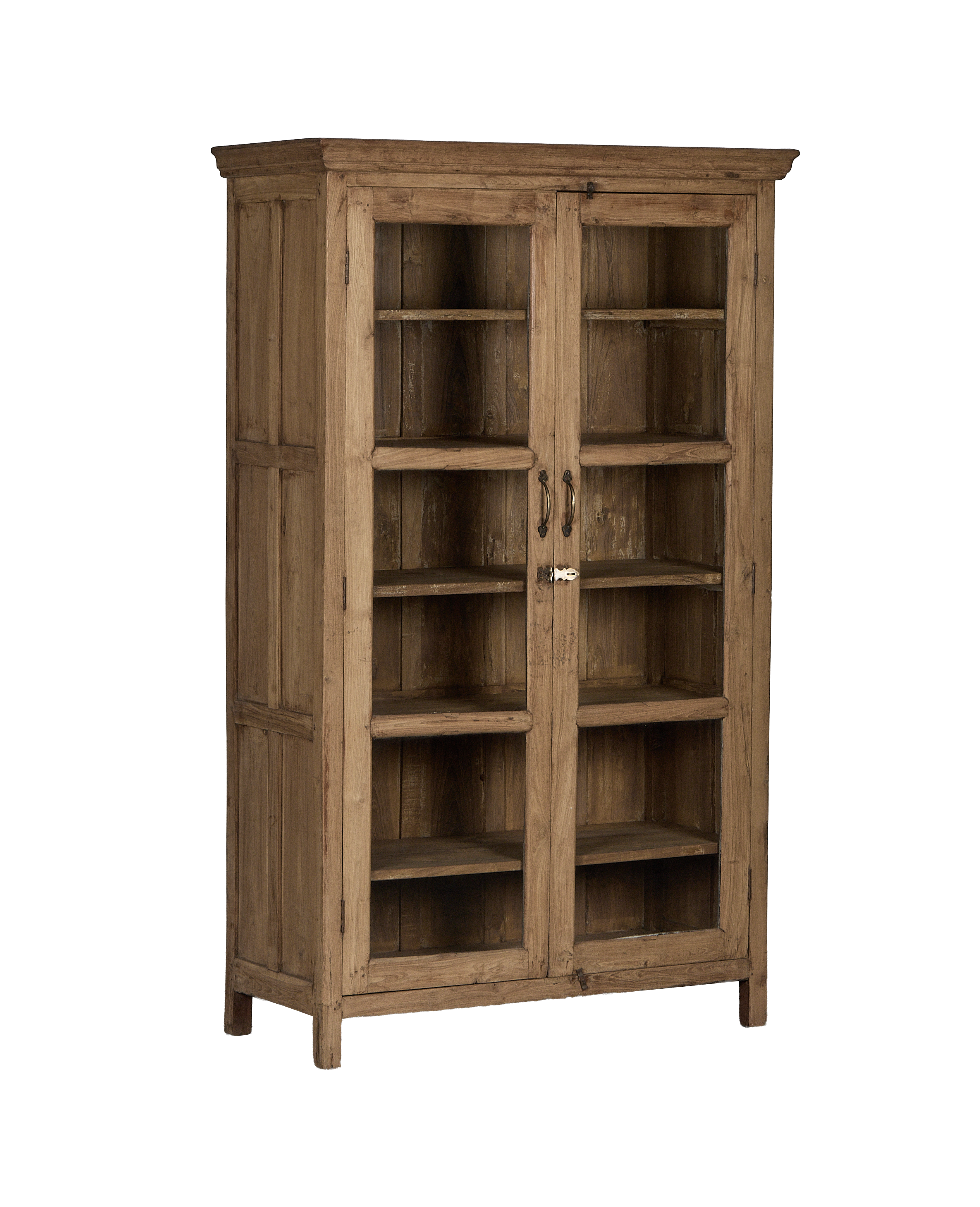 Indian Vintage Oak Wood Cabinet, front view showcasing glass doors and classic metal latches.