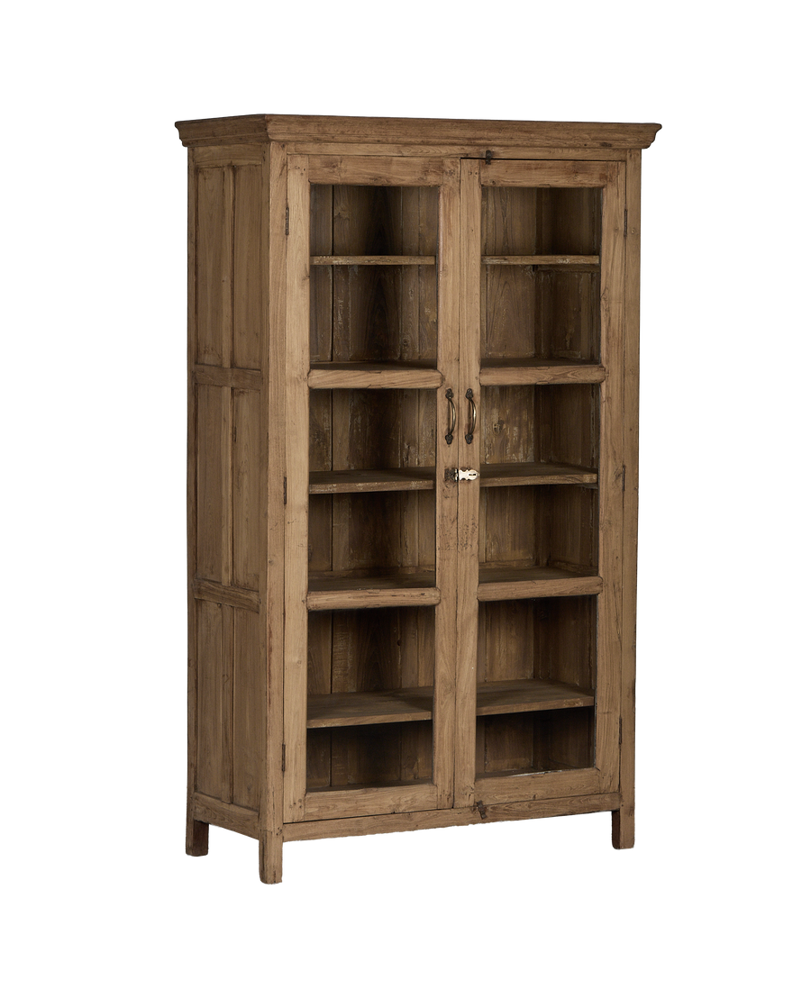 Indian Vintage Oak Wood Cabinet, front view showcasing glass doors and classic metal latches.