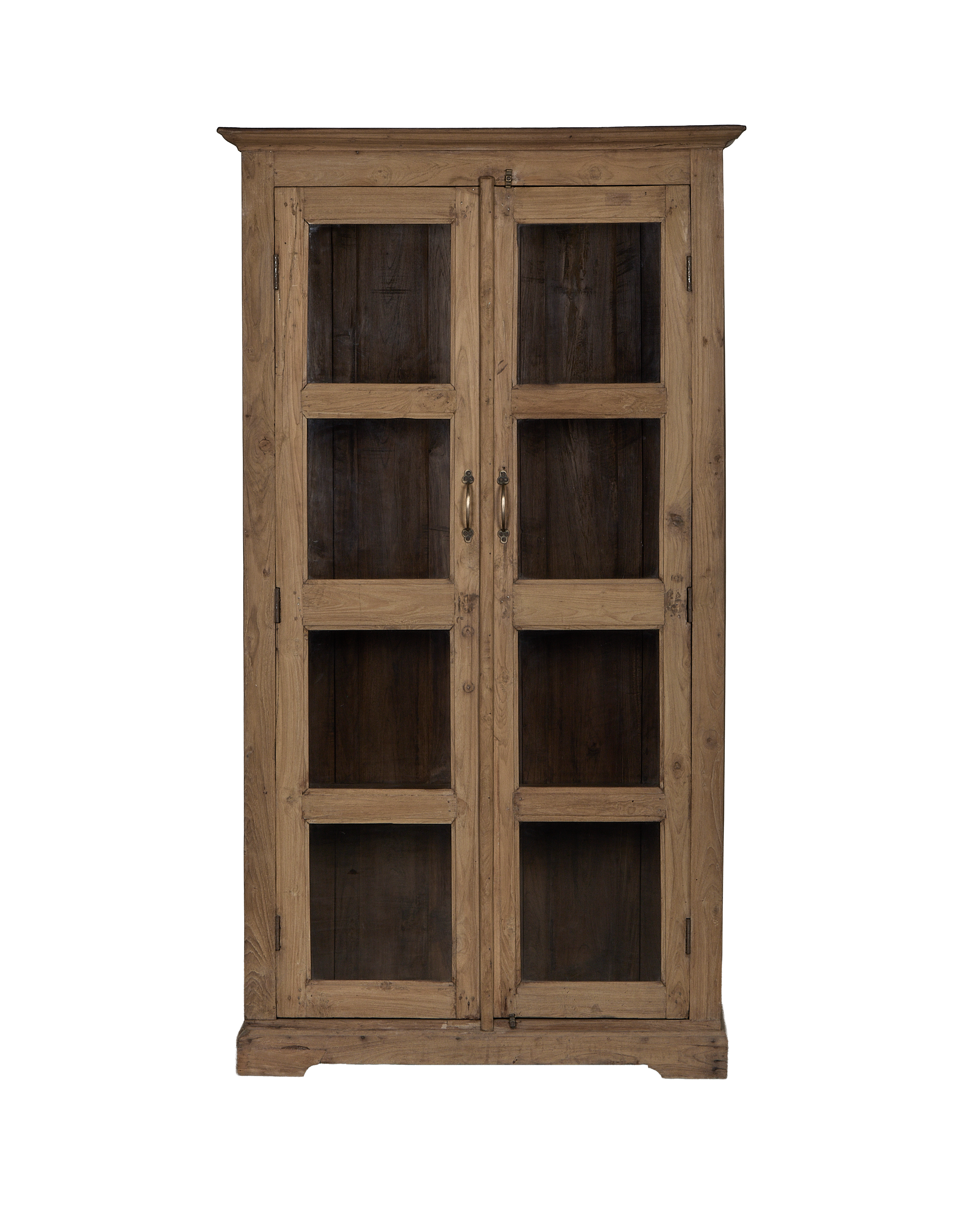 Vintage Indian oak wood cabinet, natural finish, featuring two paneled doors with intricate details.