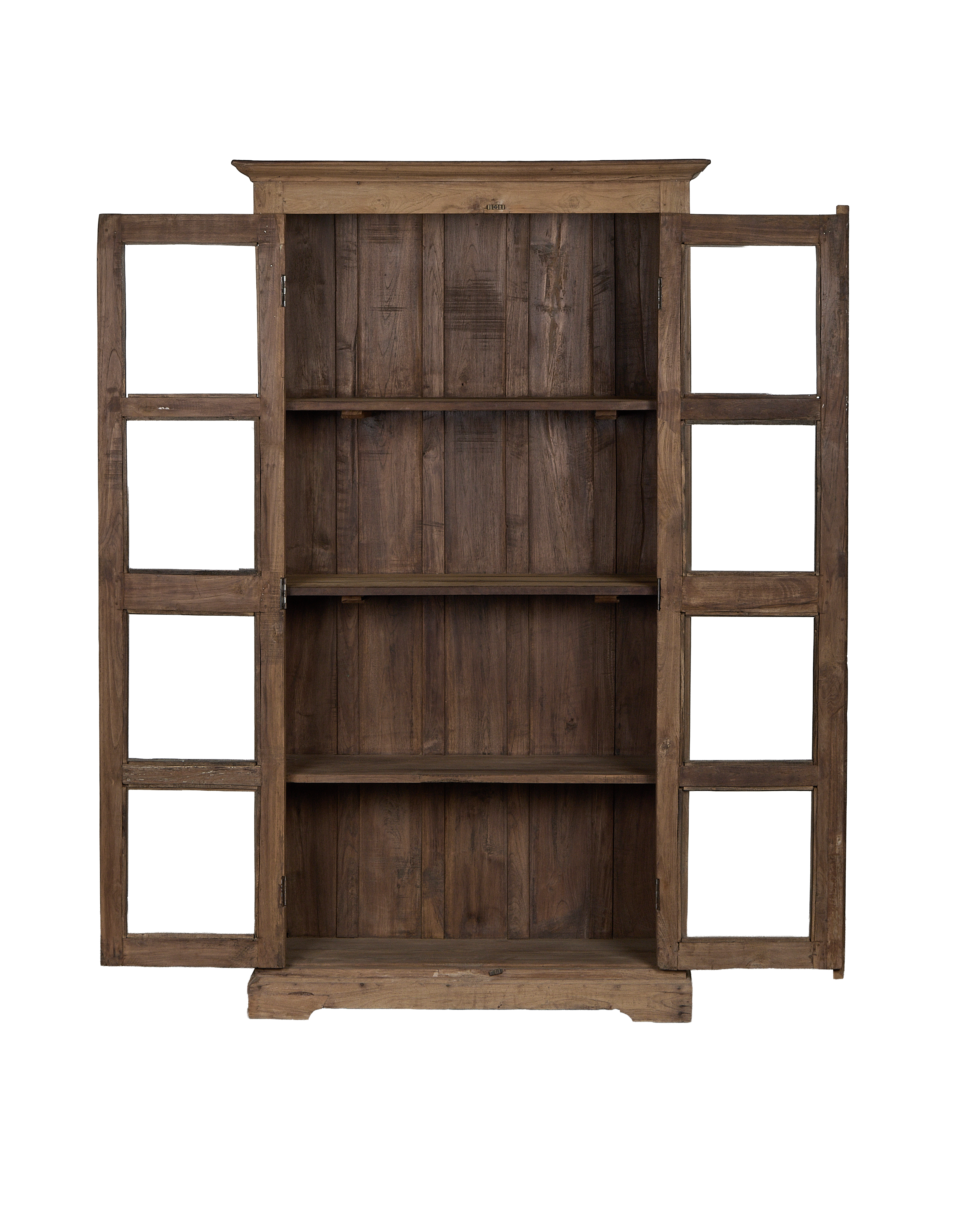 Vintage Indian natural oak cabinet, glass doors open revealing spacious interior shelves.