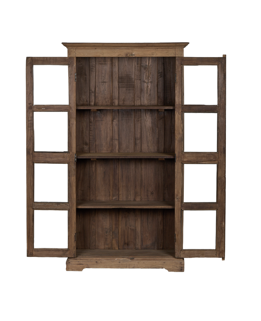 Vintage Indian natural oak cabinet, glass doors open revealing spacious interior shelves.