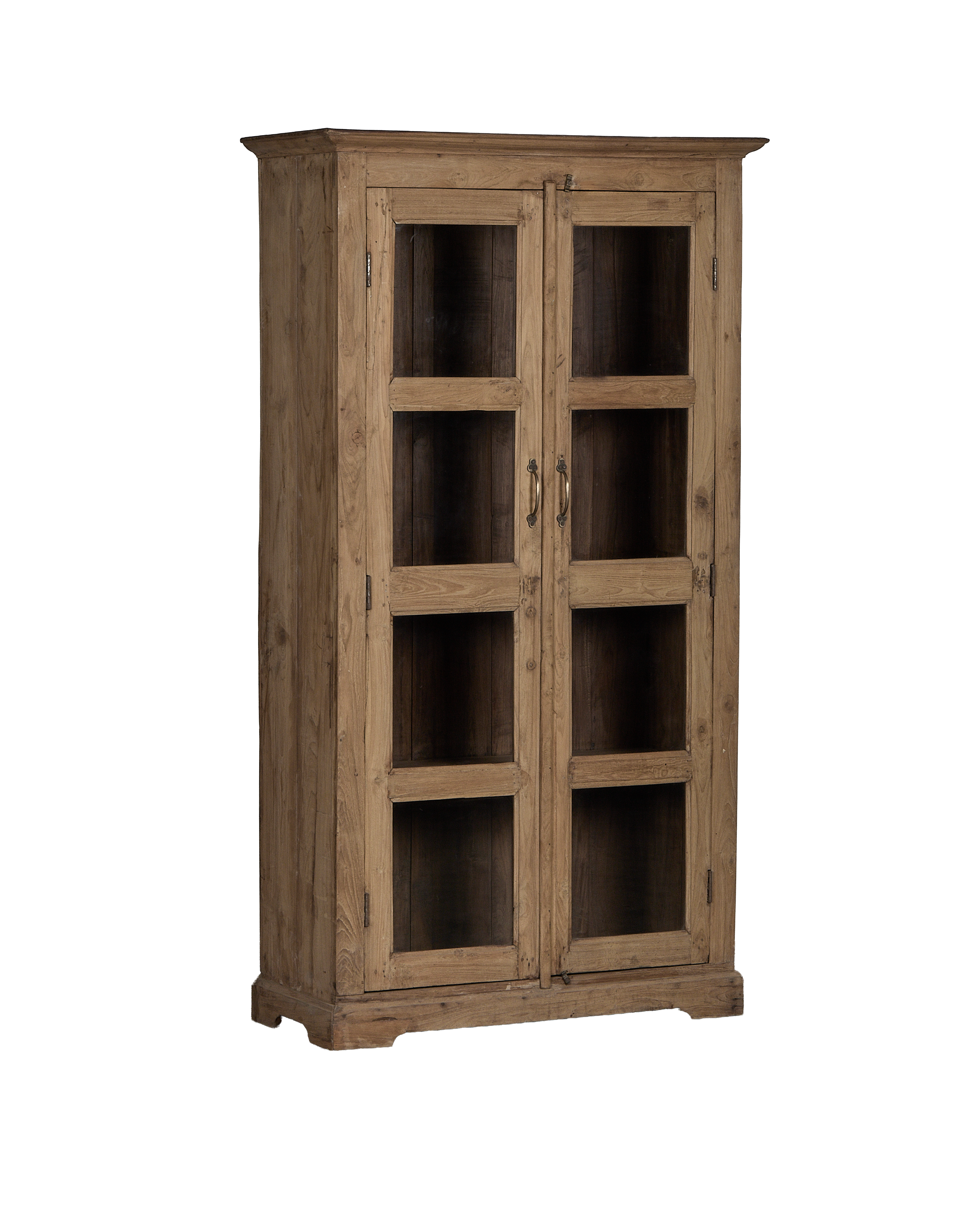 Vintage Indian oak wood cabinet, natural finish, featuring brass handles on glass-paneled doors.