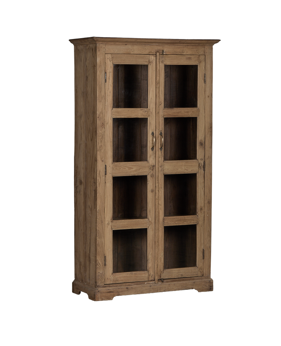 Vintage Indian oak wood cabinet, natural finish, featuring brass handles on glass-paneled doors.
