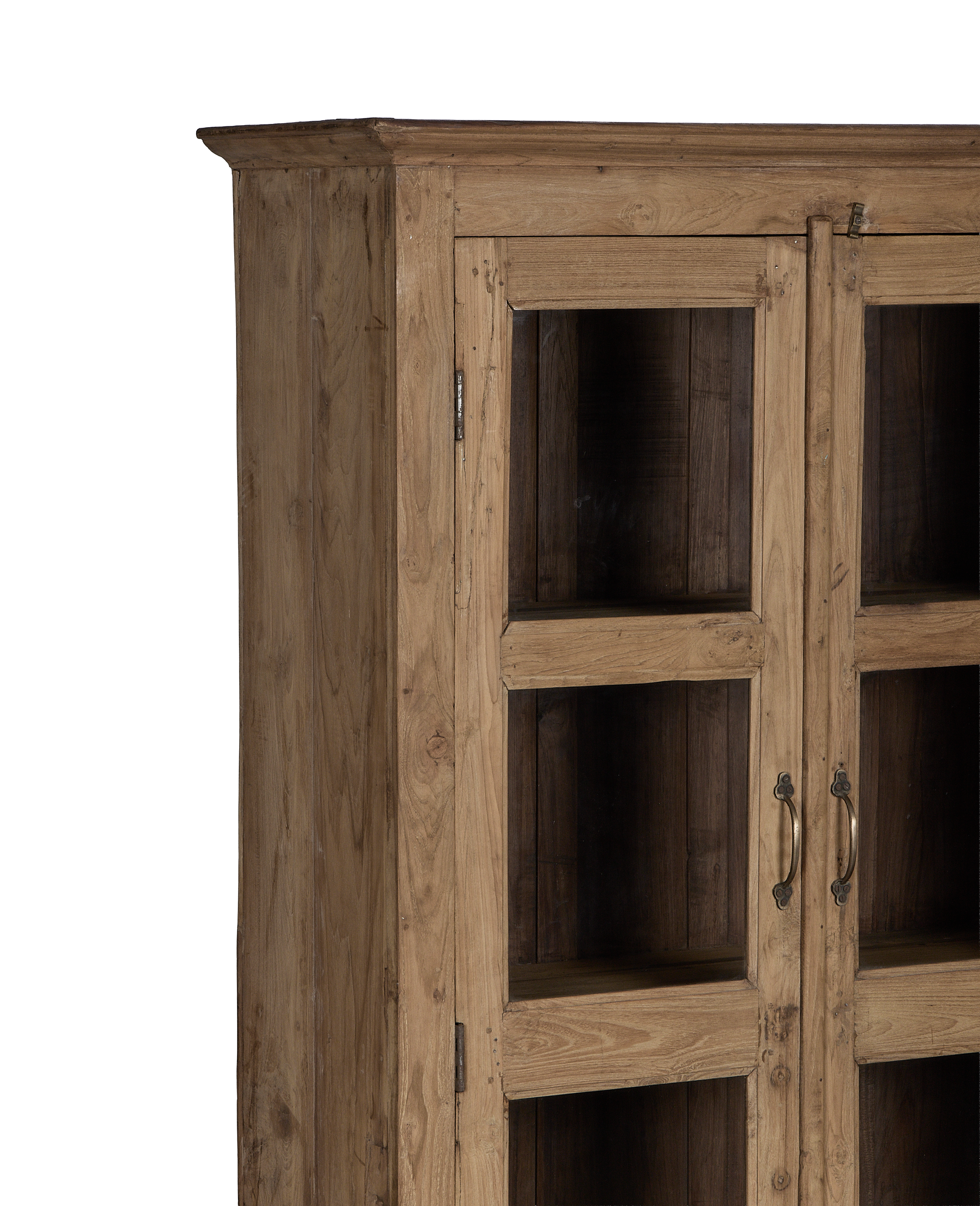 Vintage Indian oak cabinet: detailed close-up of visible grain and brass door pulls.
