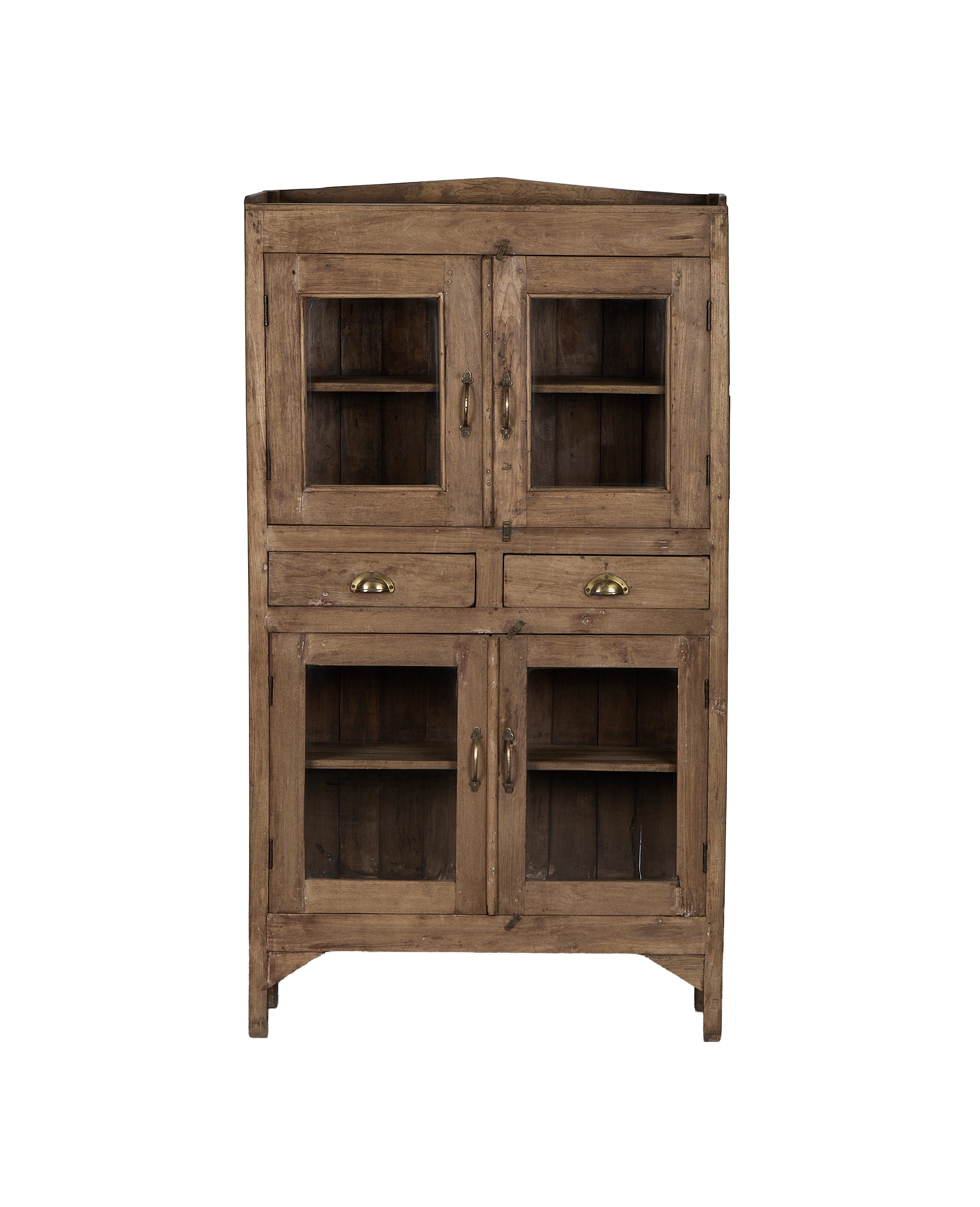 Vintage Indian oak display cabinet with glass doors, two drawers, and brass pulls.