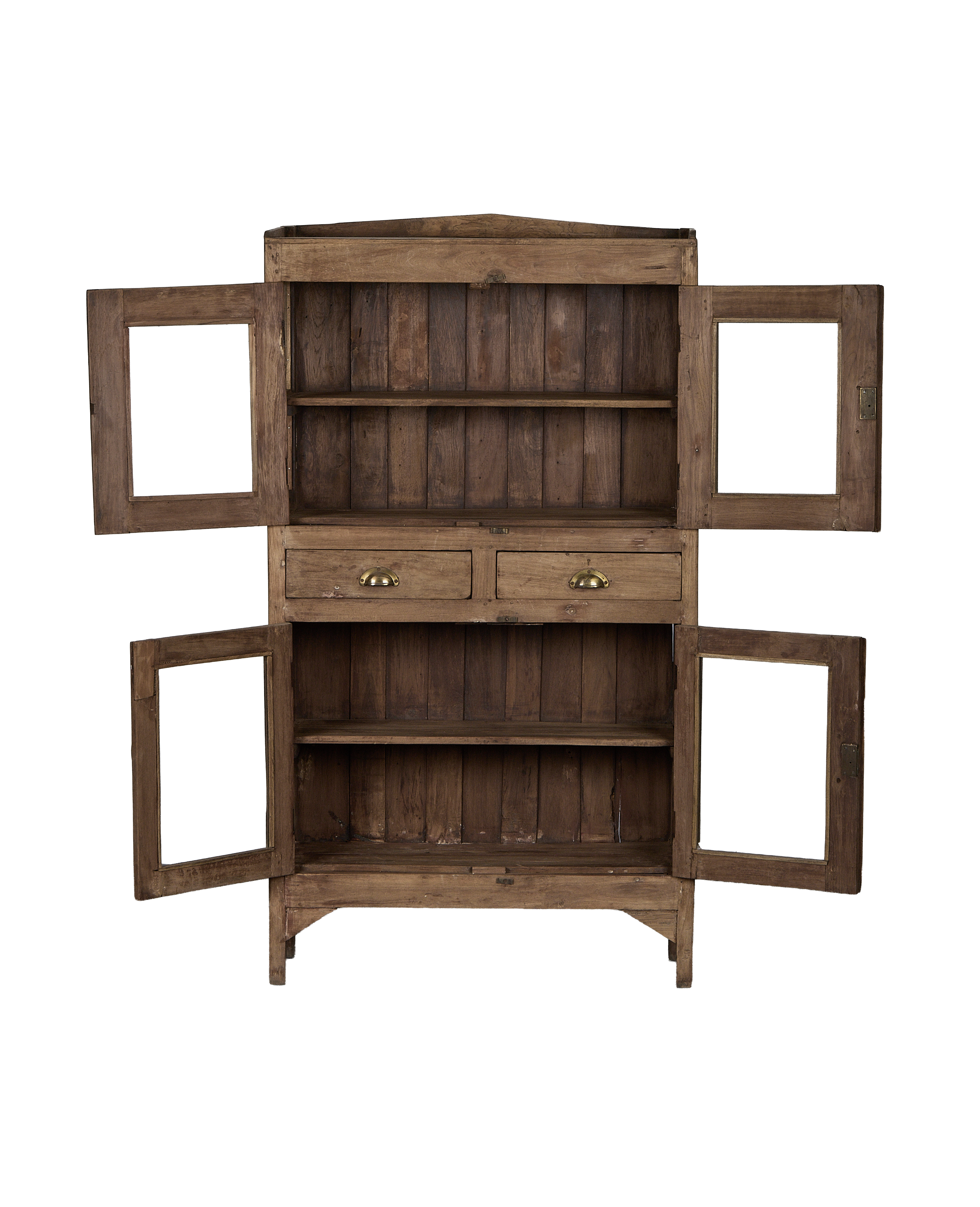 Vintage Indian oak wood cabinet with all doors and drawers open, revealing distressed natural finish.