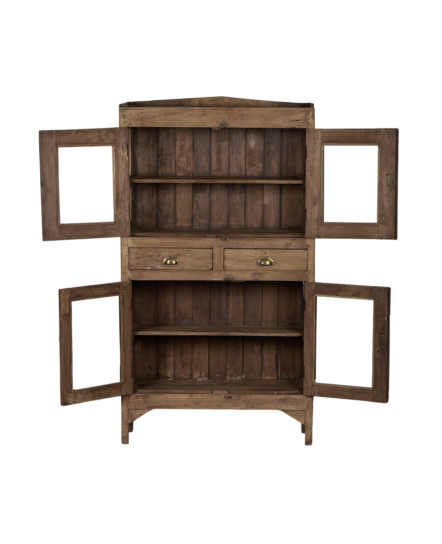 Vintage Indian oak wood cabinet with all doors and drawers open, revealing distressed natural finish.