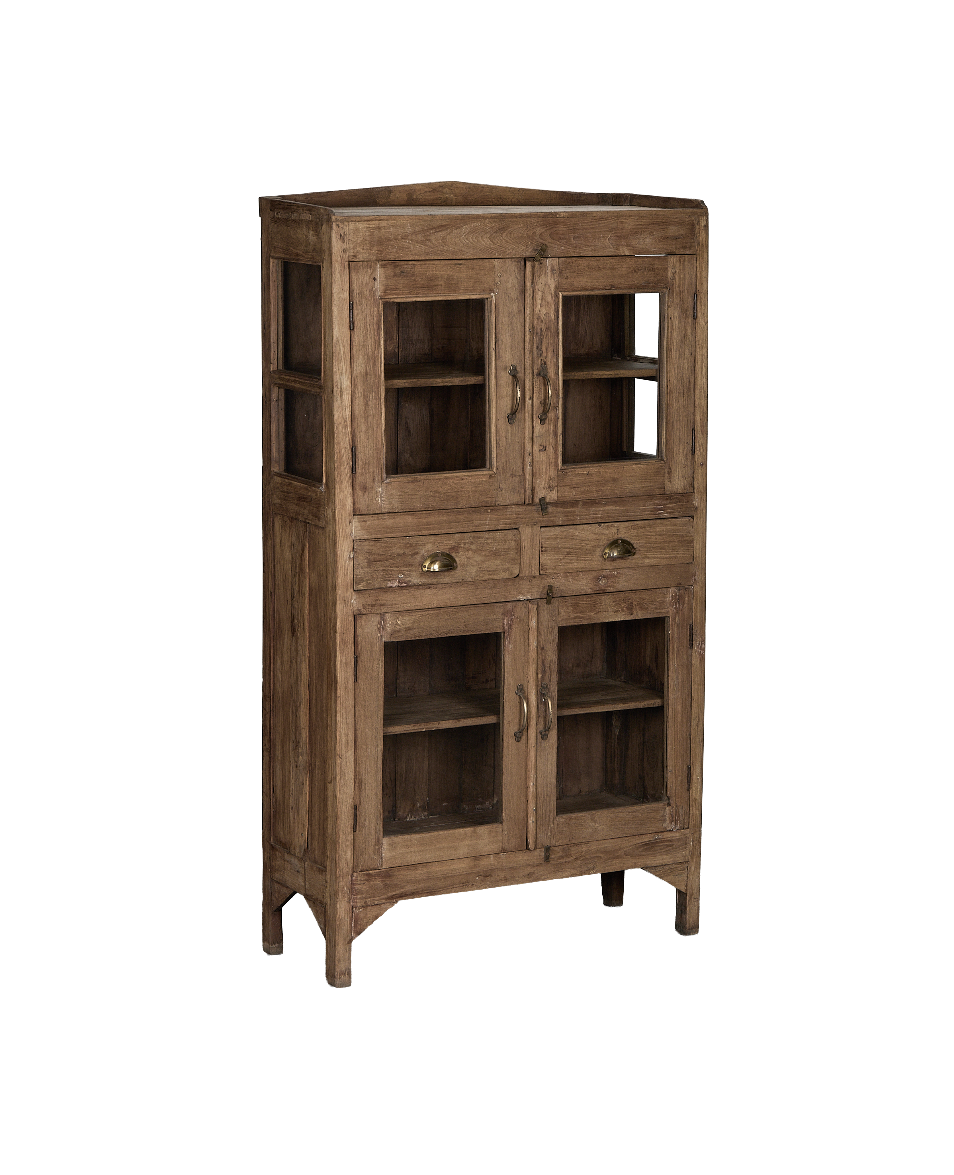 Vintage Indian oak cabinet, full front view showcasing glass doors and brass pulls.