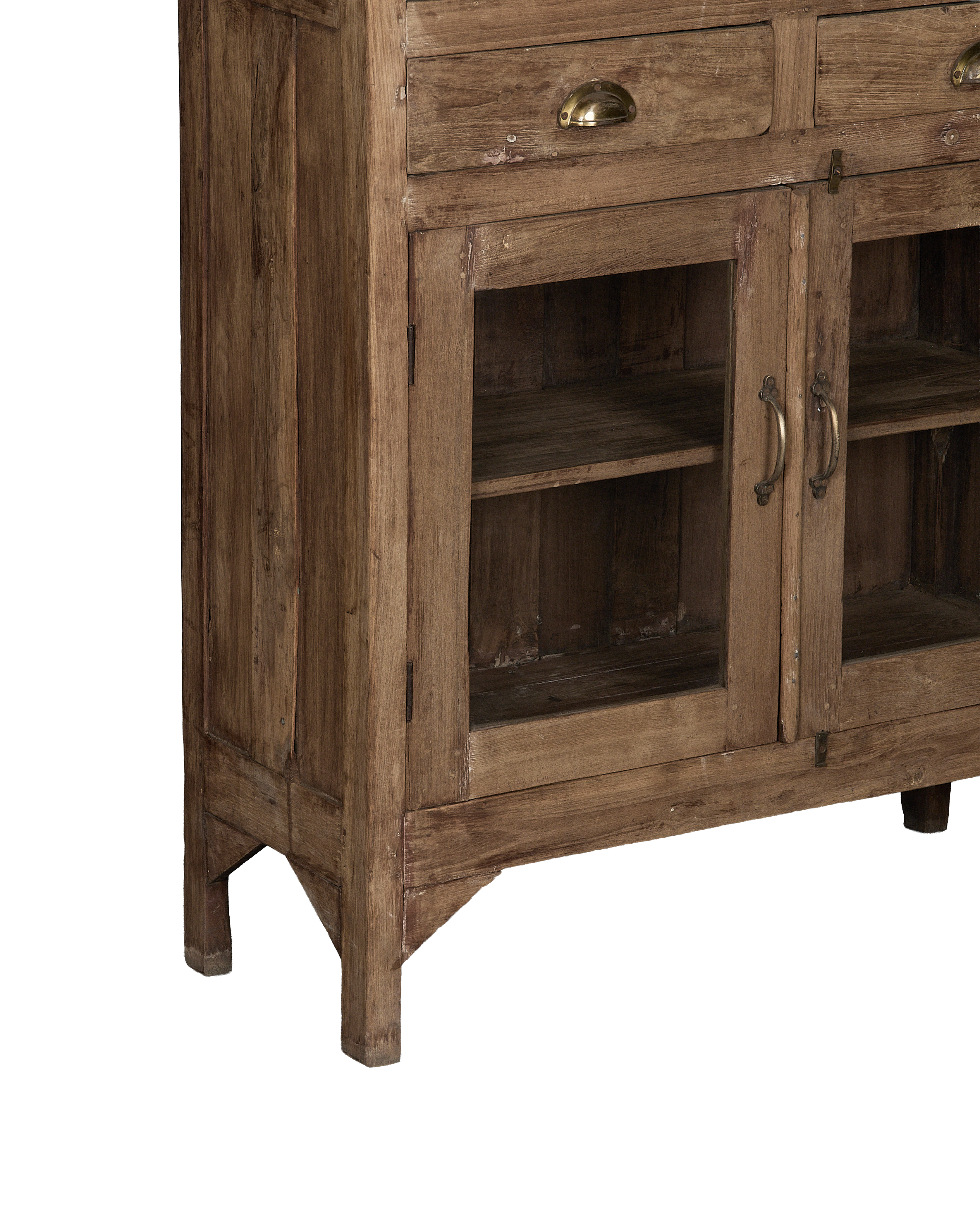 Vintage Indian natural oak cabinet, distressed wood, glass doors, and brass pulls.