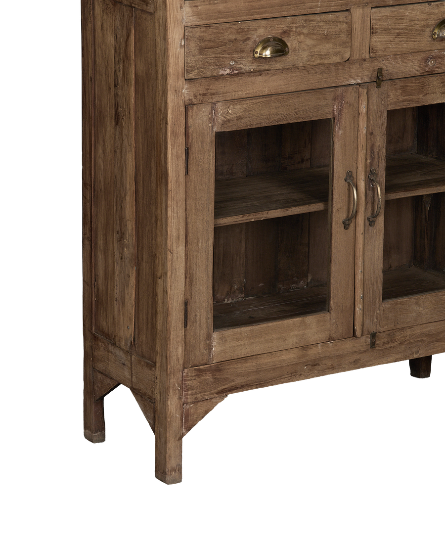 Vintage Indian natural oak cabinet, distressed wood, glass doors, and brass pulls.