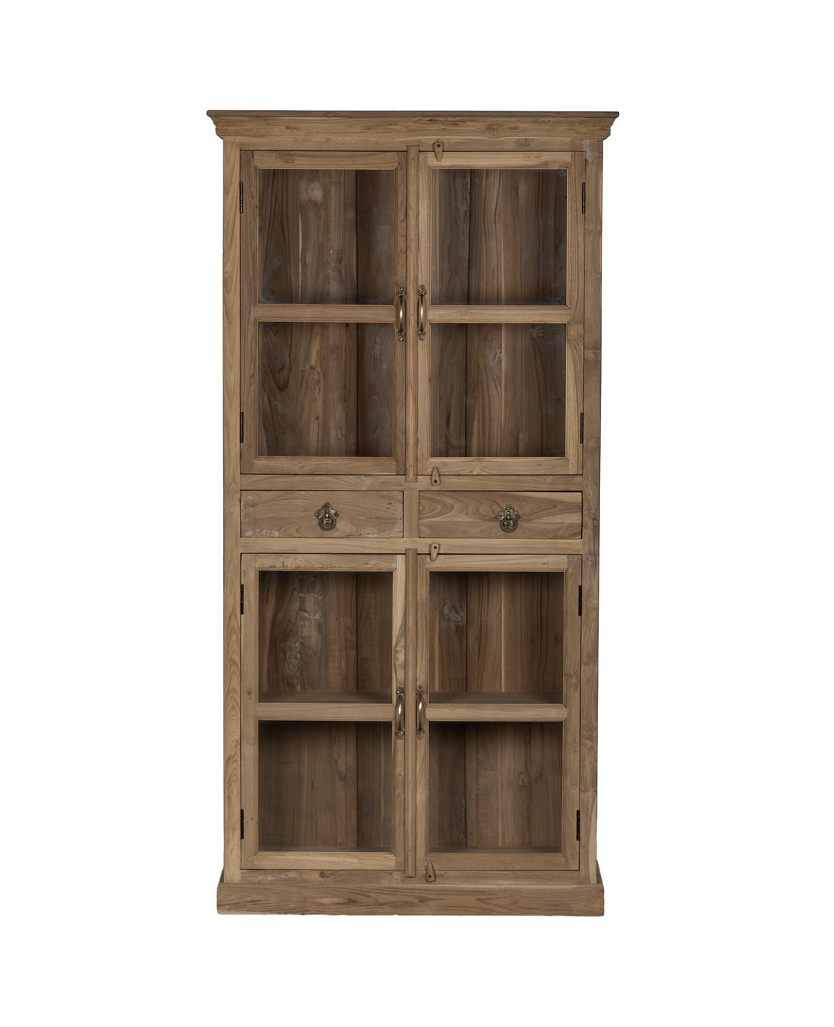 Vintage bleached oak cabinet from India, featuring glass doors and two drawers with antique brass hardware.