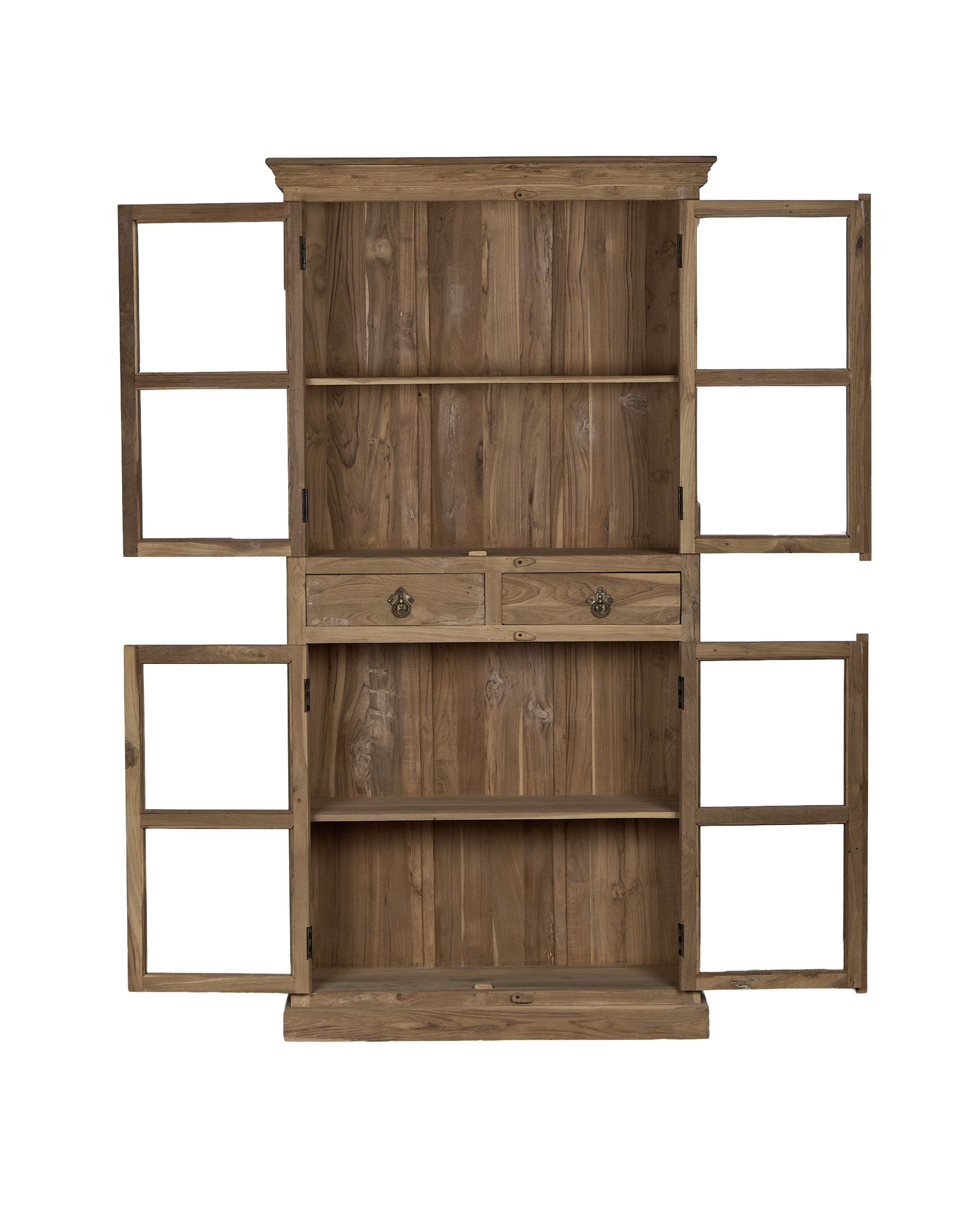 Opened vintage Indian bleached oak cabinet interior, revealing shelves, drawers with brass pulls, and paneled doors.