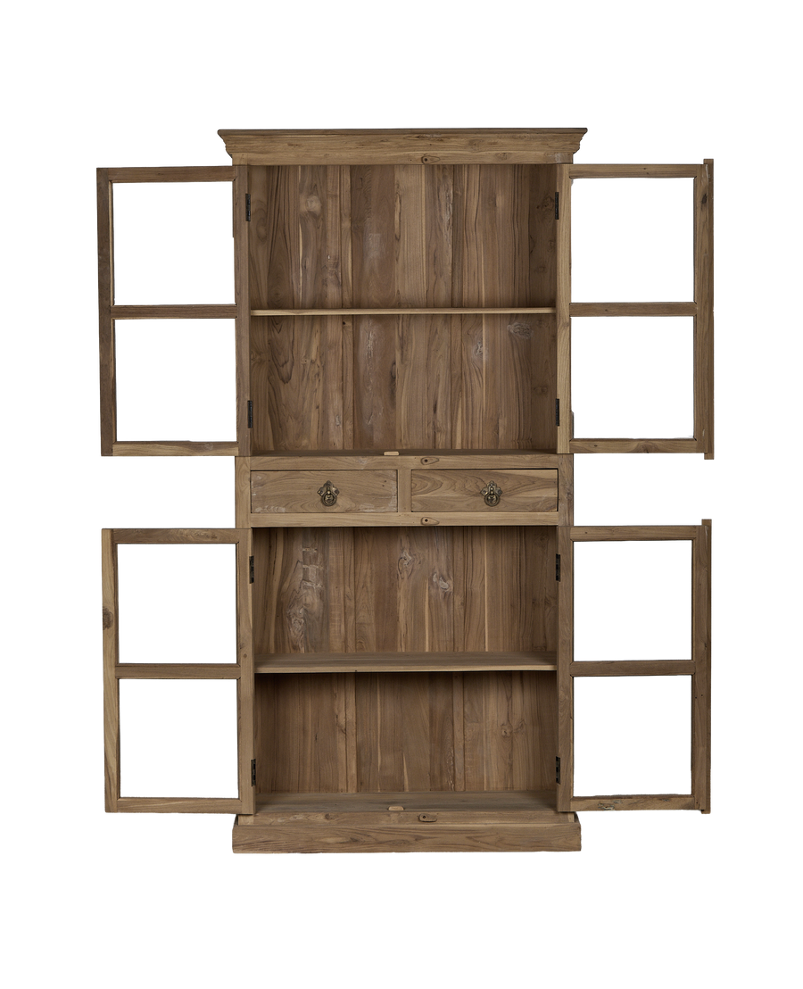 Opened vintage Indian bleached oak cabinet interior, revealing shelves, drawers with brass pulls, and paneled doors.