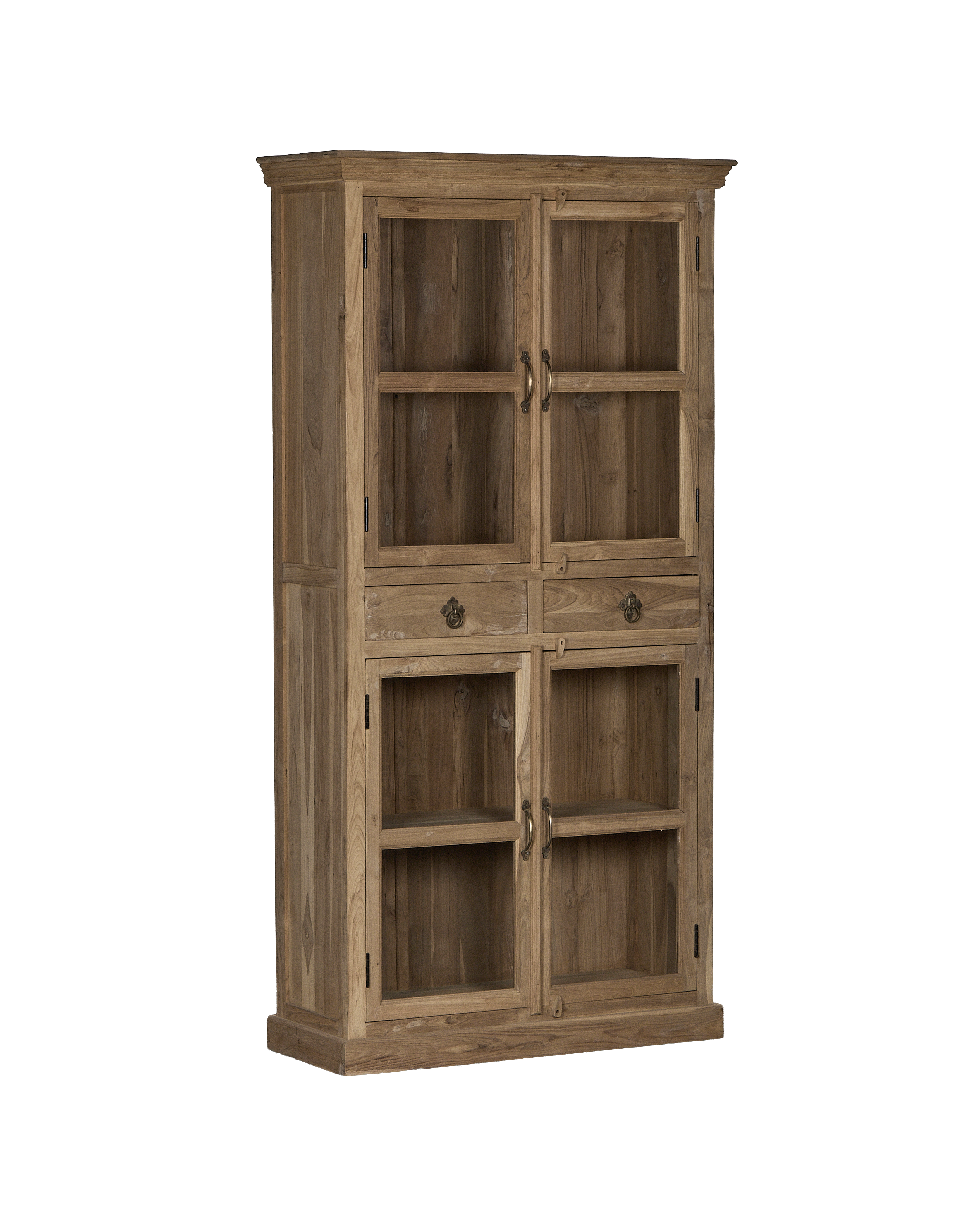 Vintage bleached oak cabinet from India, showing glass doors, drawers, and lower shelves.