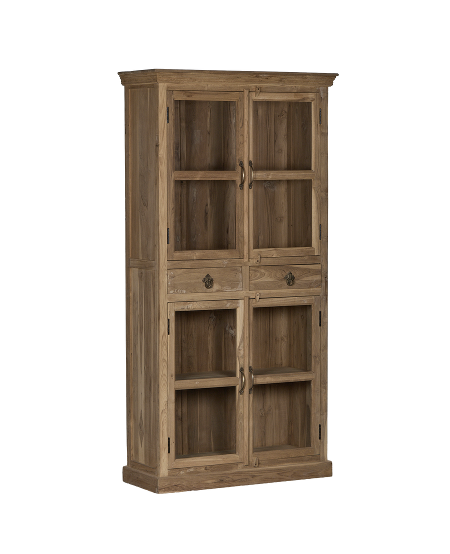 Vintage bleached oak cabinet from India, showing glass doors, drawers, and lower shelves.