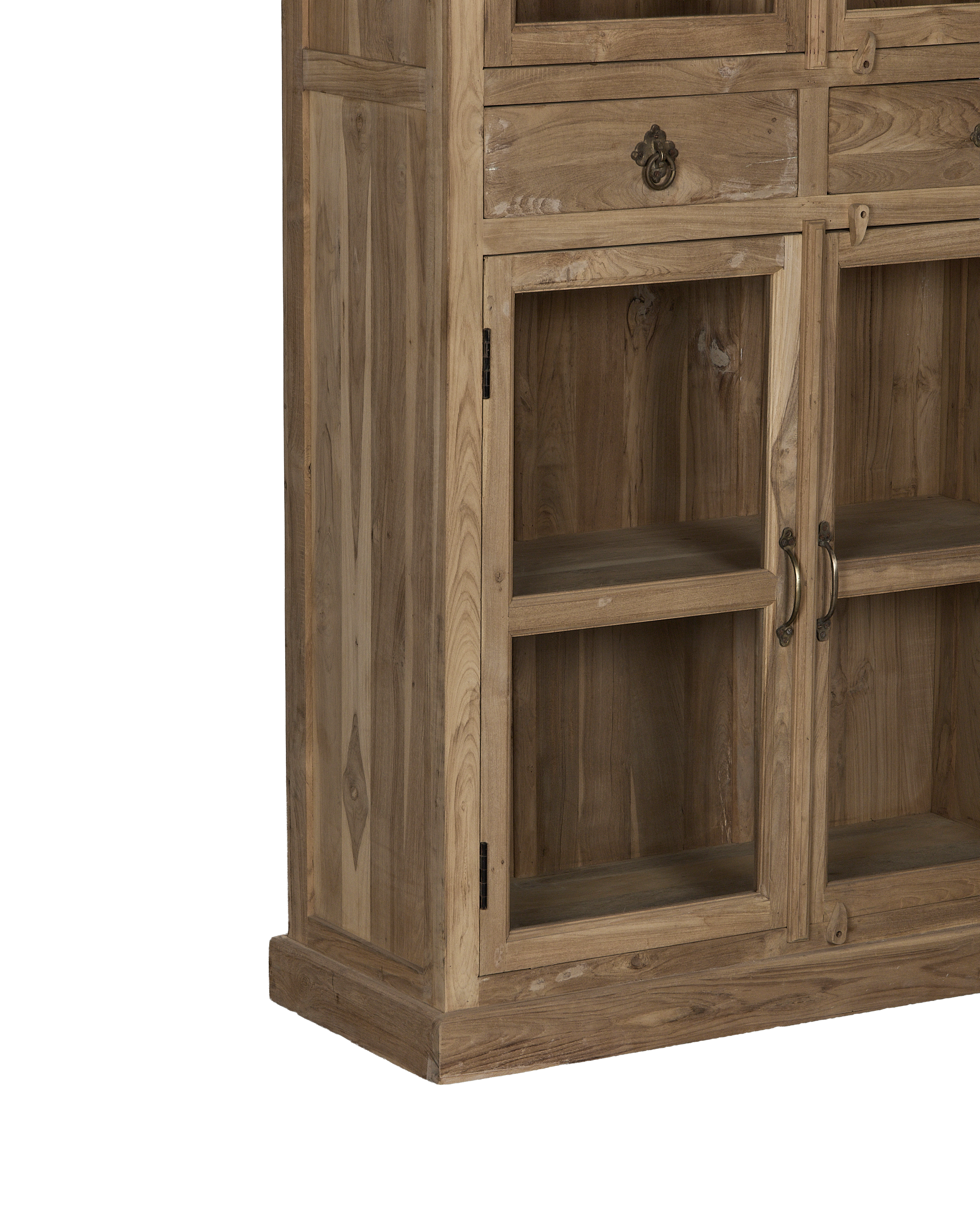 Vintage bleached oak wood cabinet with glass doors, drawer, distressed details, and brass hardware.