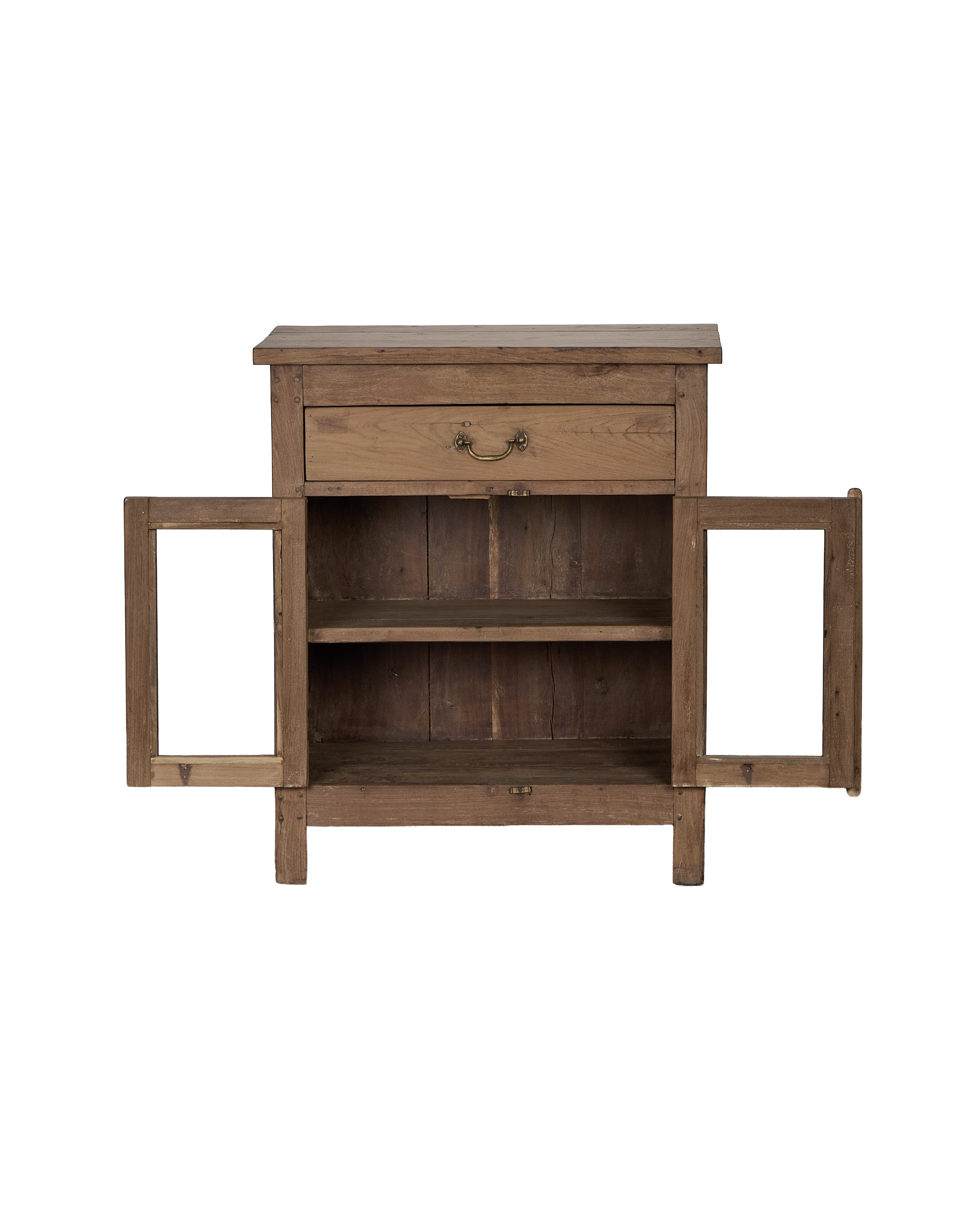 Vintage bleached oak cabinet with drawer and open doors revealing interior shelves.
