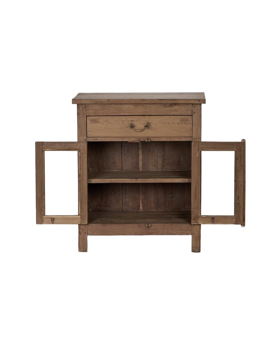 Vintage bleached oak cabinet with drawer and open doors revealing interior shelves.