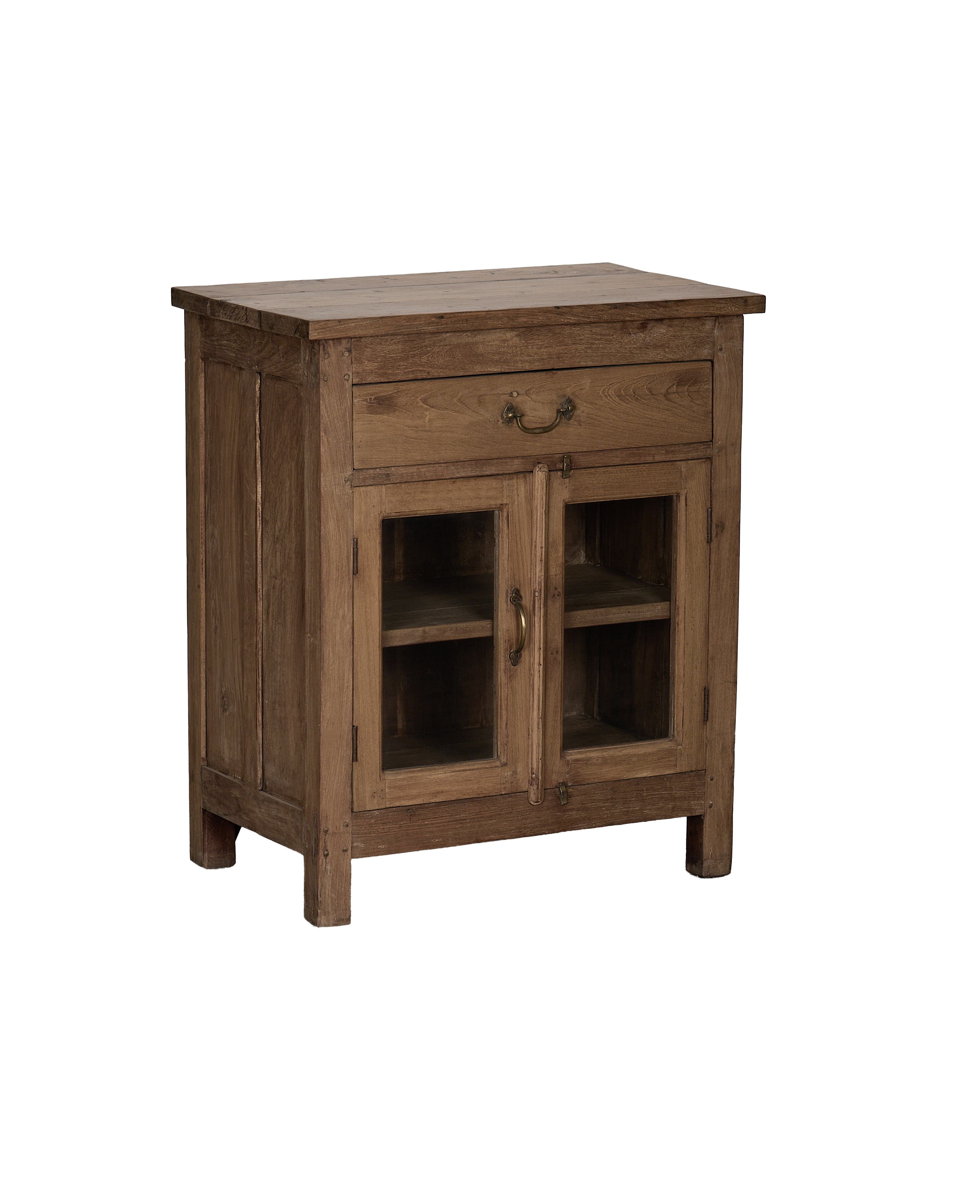 Vintage bleached oak cabinet from India, showing brass hardware and glass doors.