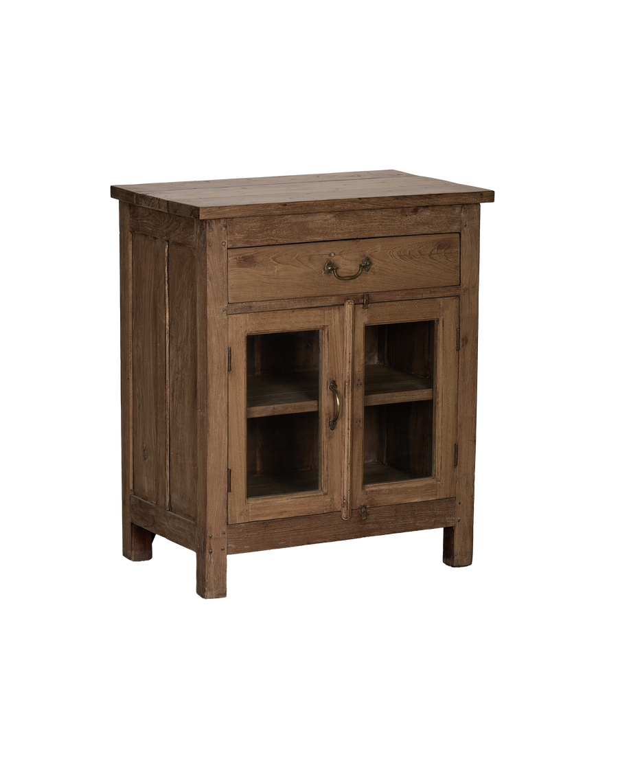 Vintage bleached oak cabinet from India, showing brass hardware and glass doors.