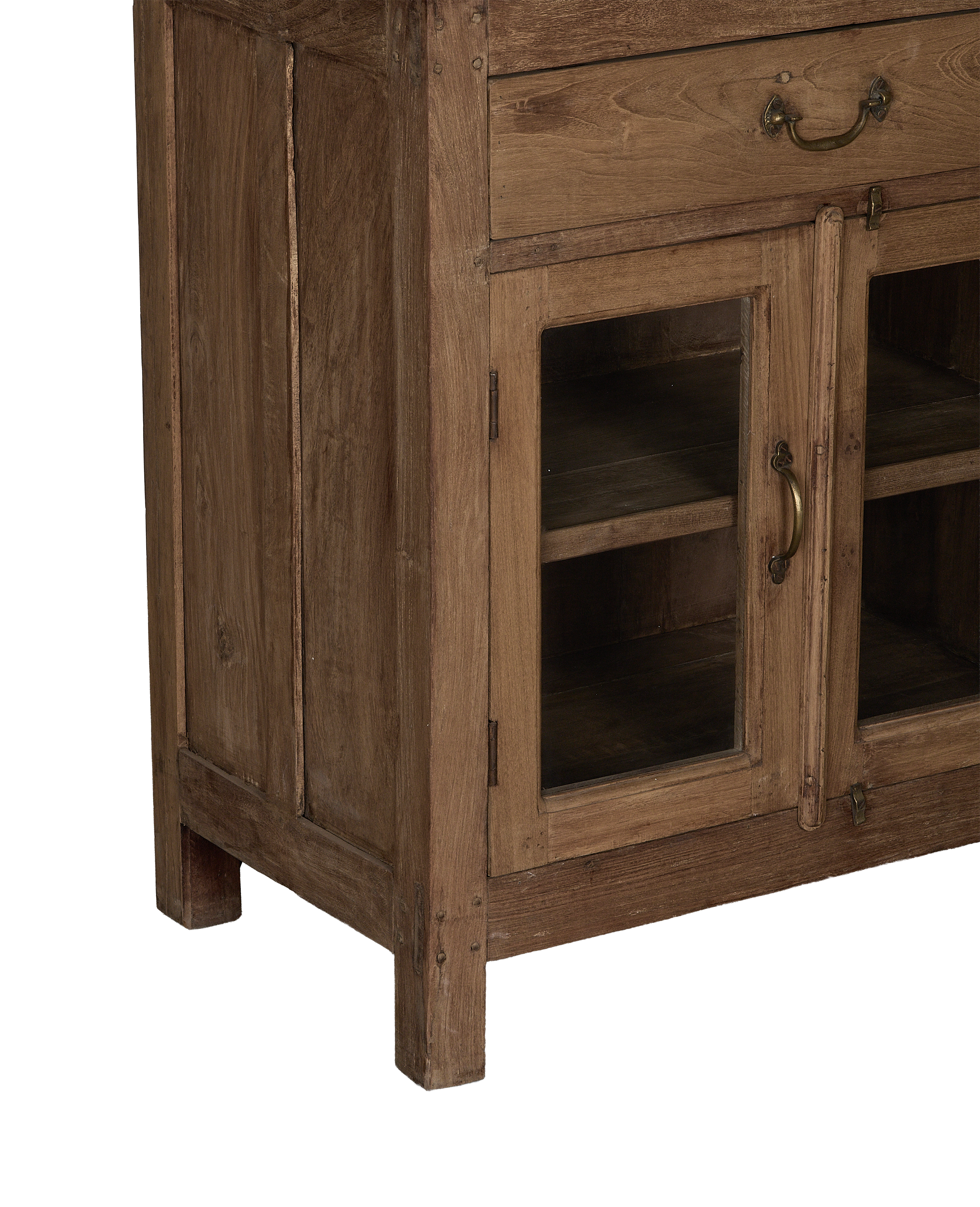 Vintage bleached oak cabinet from India, showing brass hardware, glass doors, and drawer.