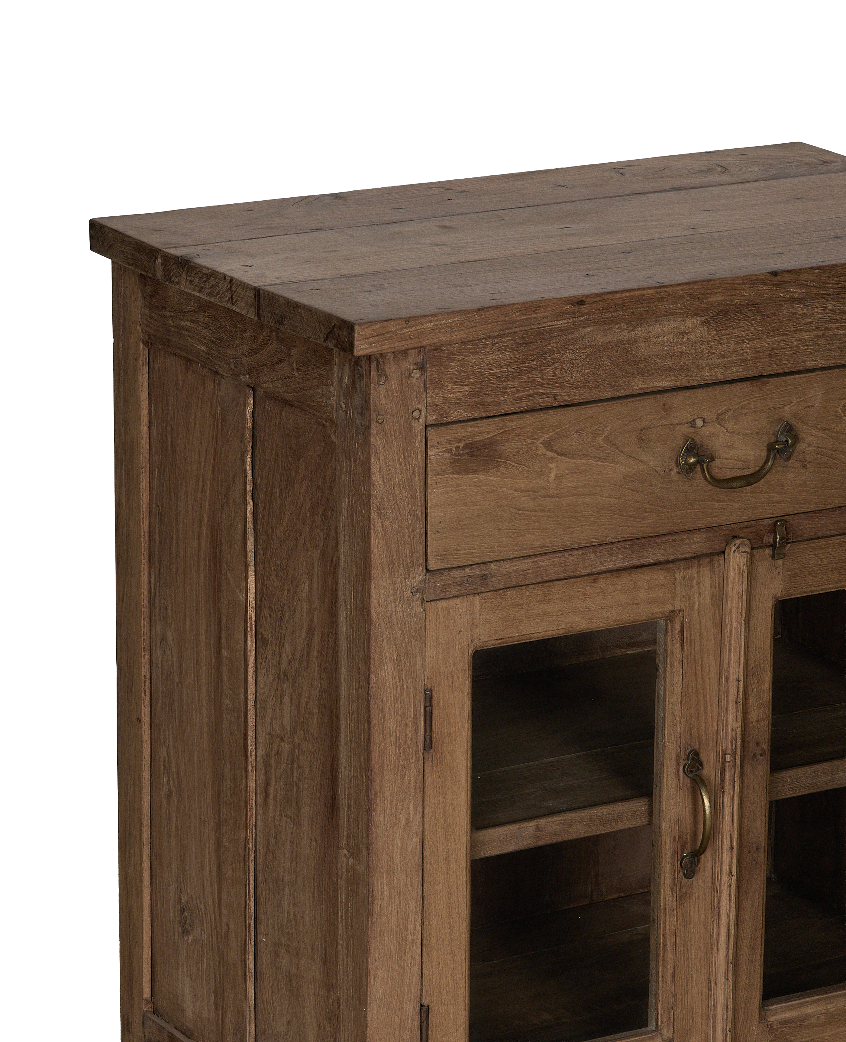 Vintage bleached oak wood cabinet with brass hardware, showing the right side.
