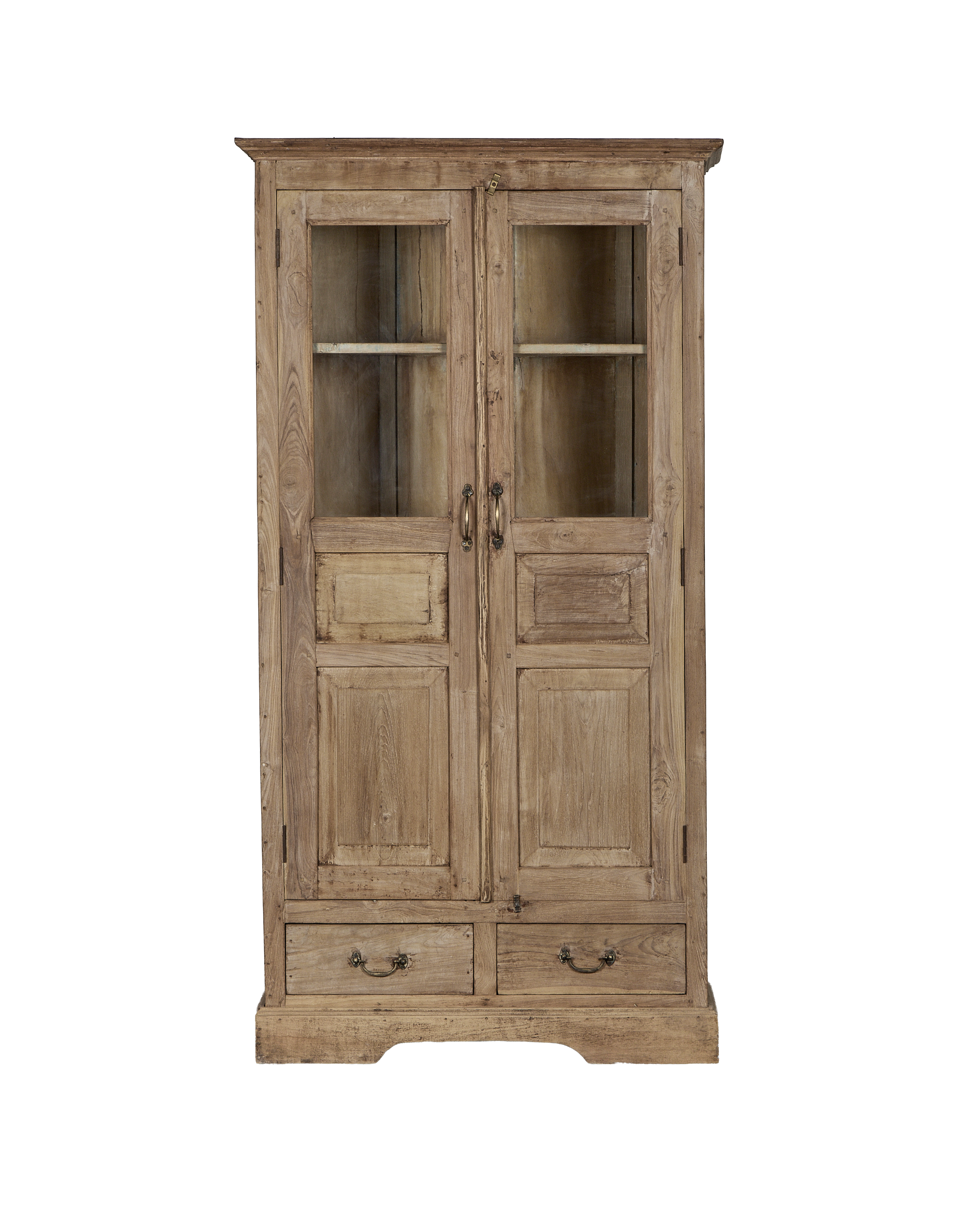 Vintage bleached oak cabinet from India, featuring glass doors, two drawers, and distressed finish.