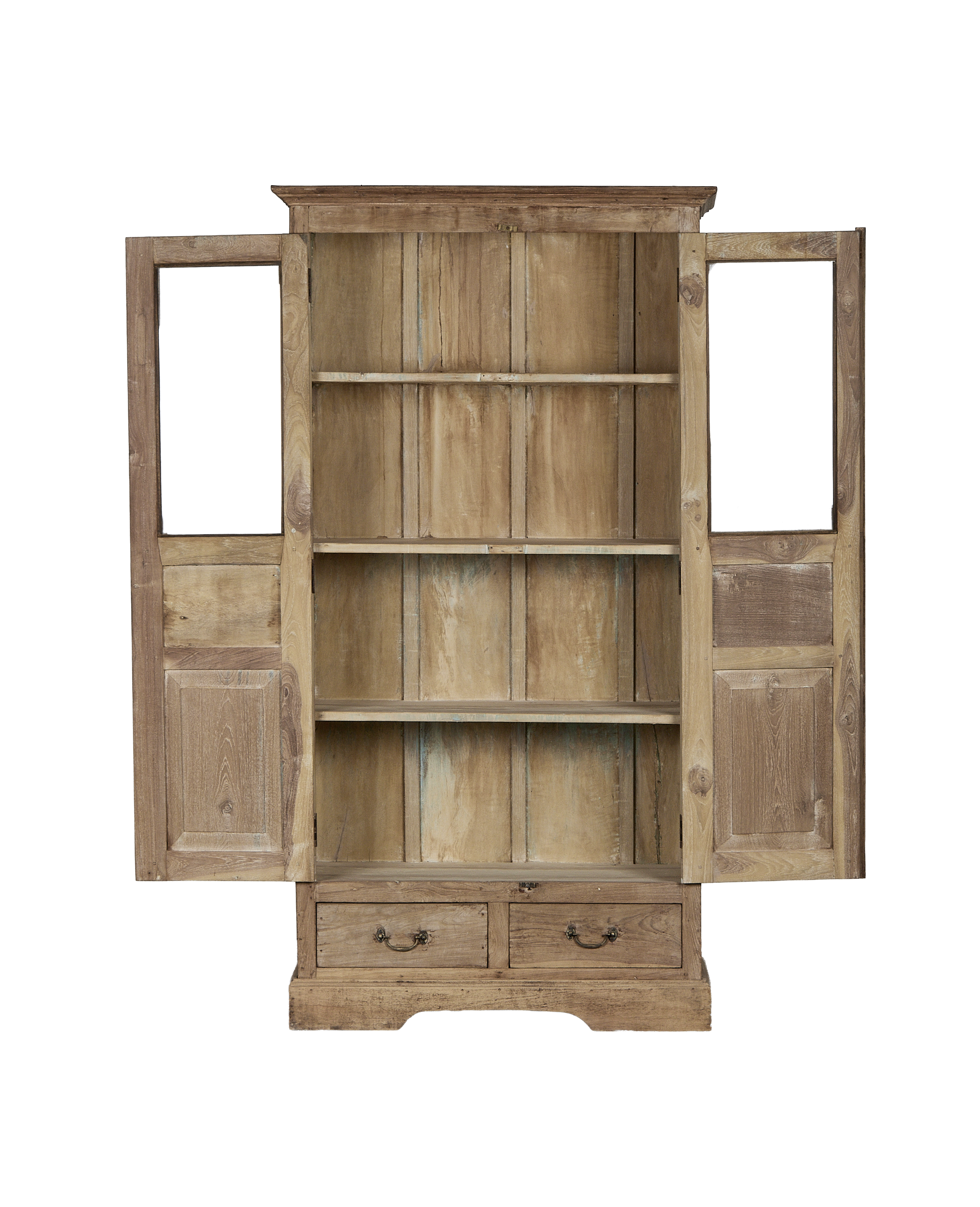 Open bleached oak vintage Indian cabinet, revealing shelves, two drawers, and open side doors.