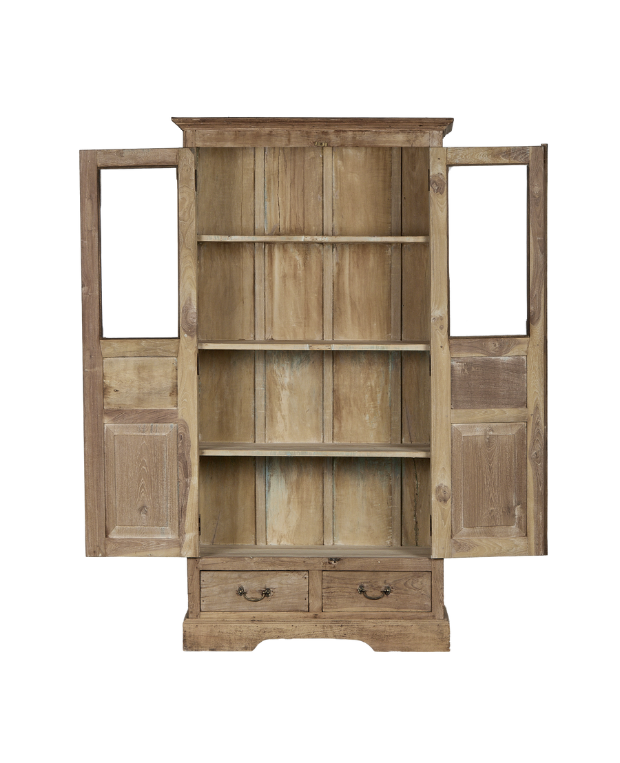 Open bleached oak vintage Indian cabinet, revealing shelves, two drawers, and open side doors.