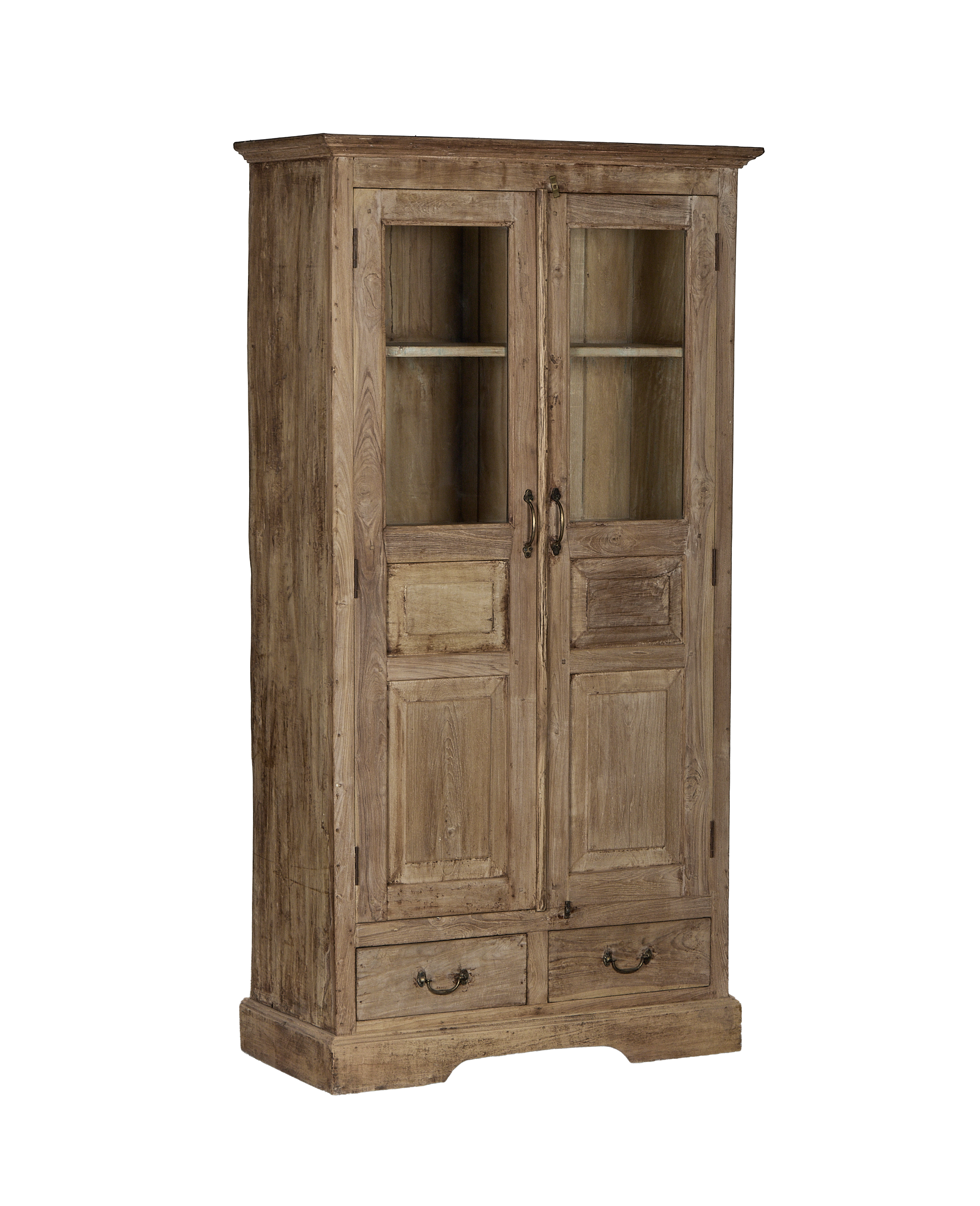 Vintage Indian bleached oak display cabinet, glass doors, two drawers, and brass pulls.