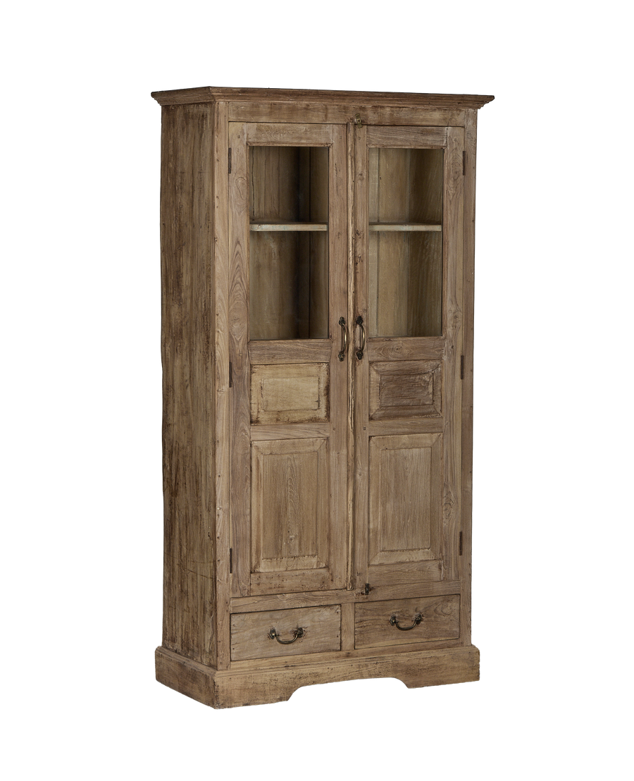 Vintage Indian bleached oak display cabinet, glass doors, two drawers, and brass pulls.